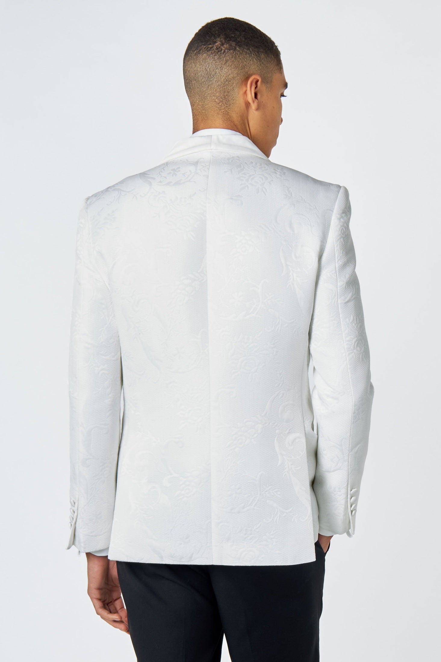 HENRY – WHITE 3 PIECE TUXEDO SUIT DAMASK FLOCKED JACQUARD PRINTED