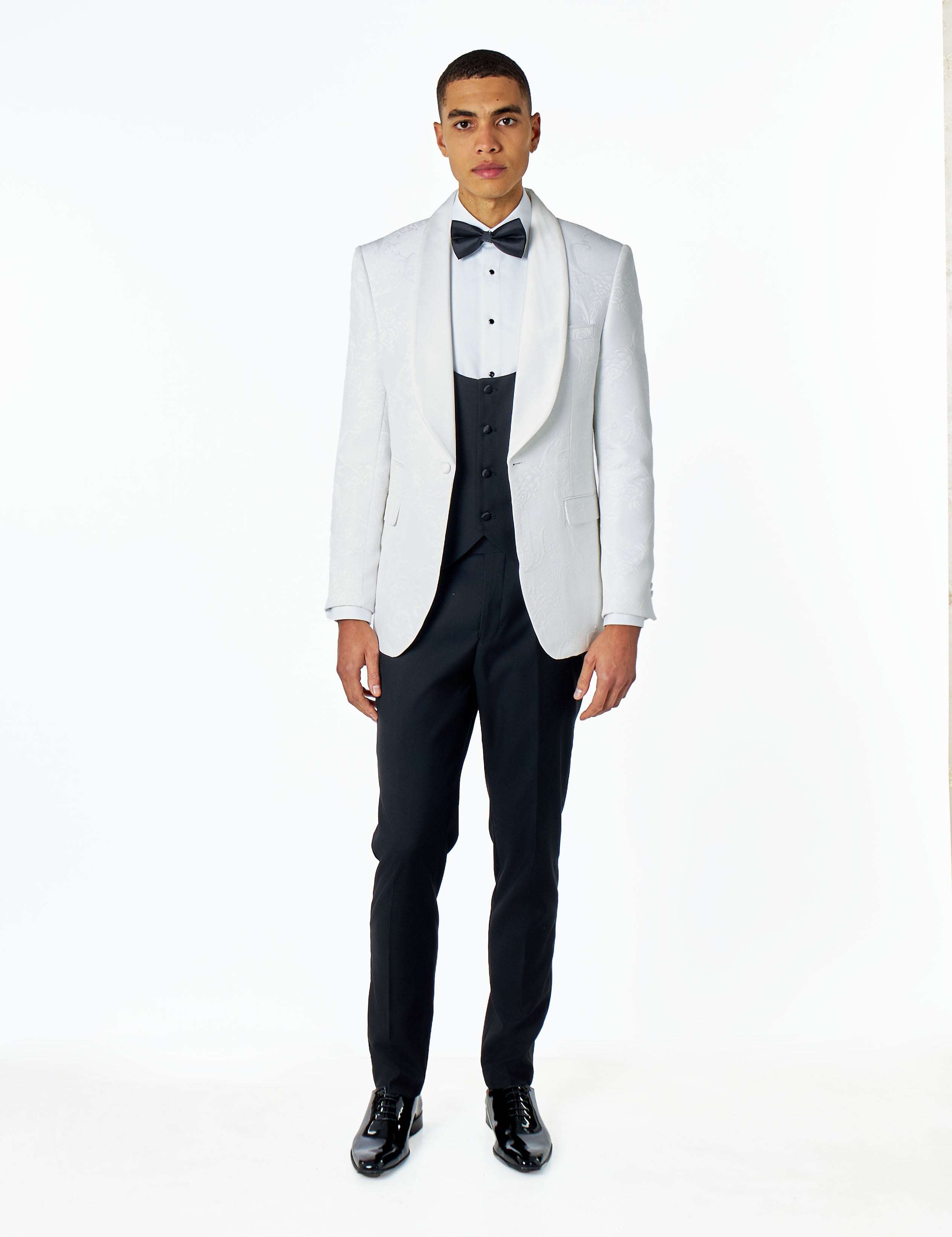 HENRY – WHITE 3 PIECE TUXEDO SUIT DAMASK FLOCKED JACQUARD PRINTED