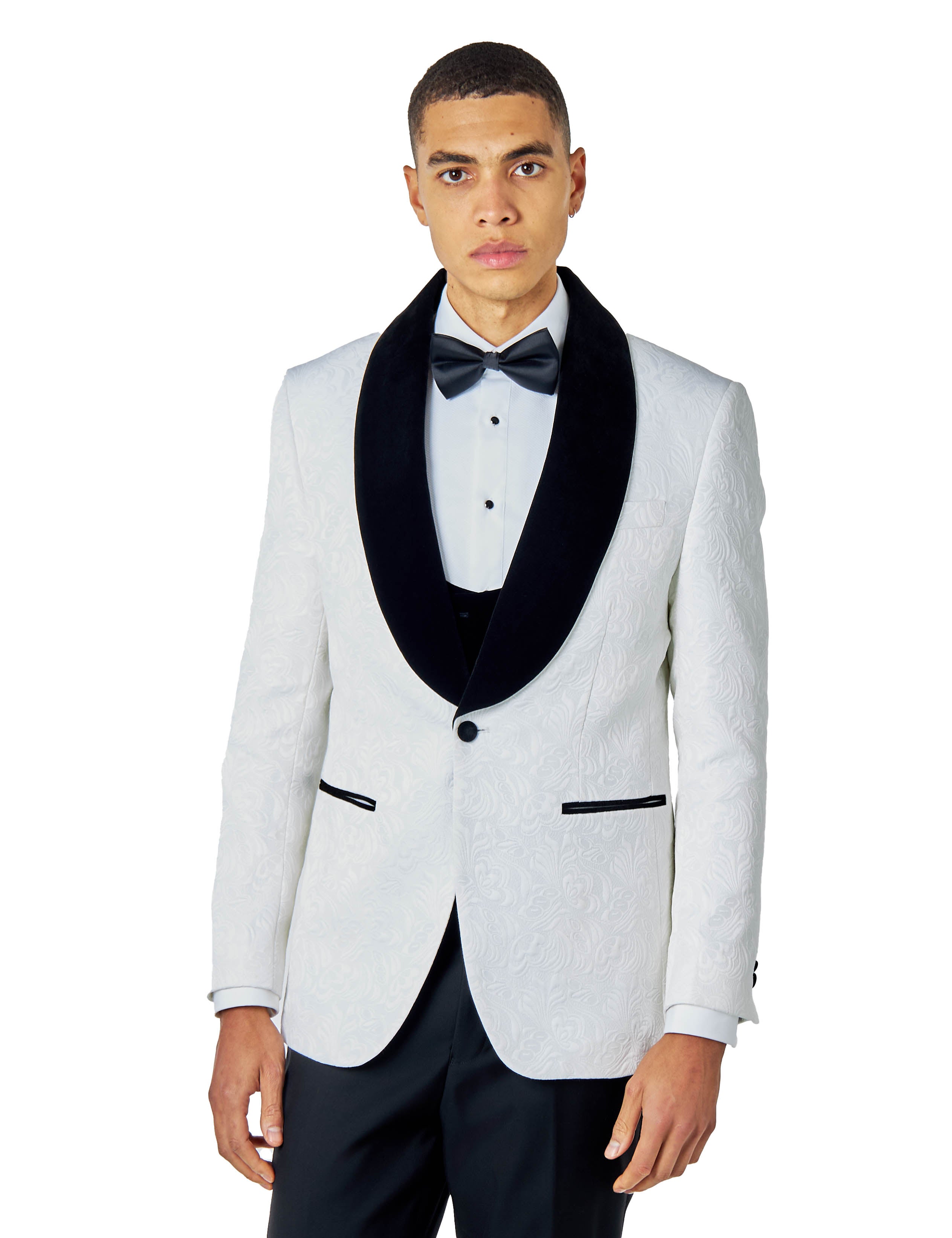 ARCHIE – White Tuxedo 3 Piece Suit Damask Jacquard Print
