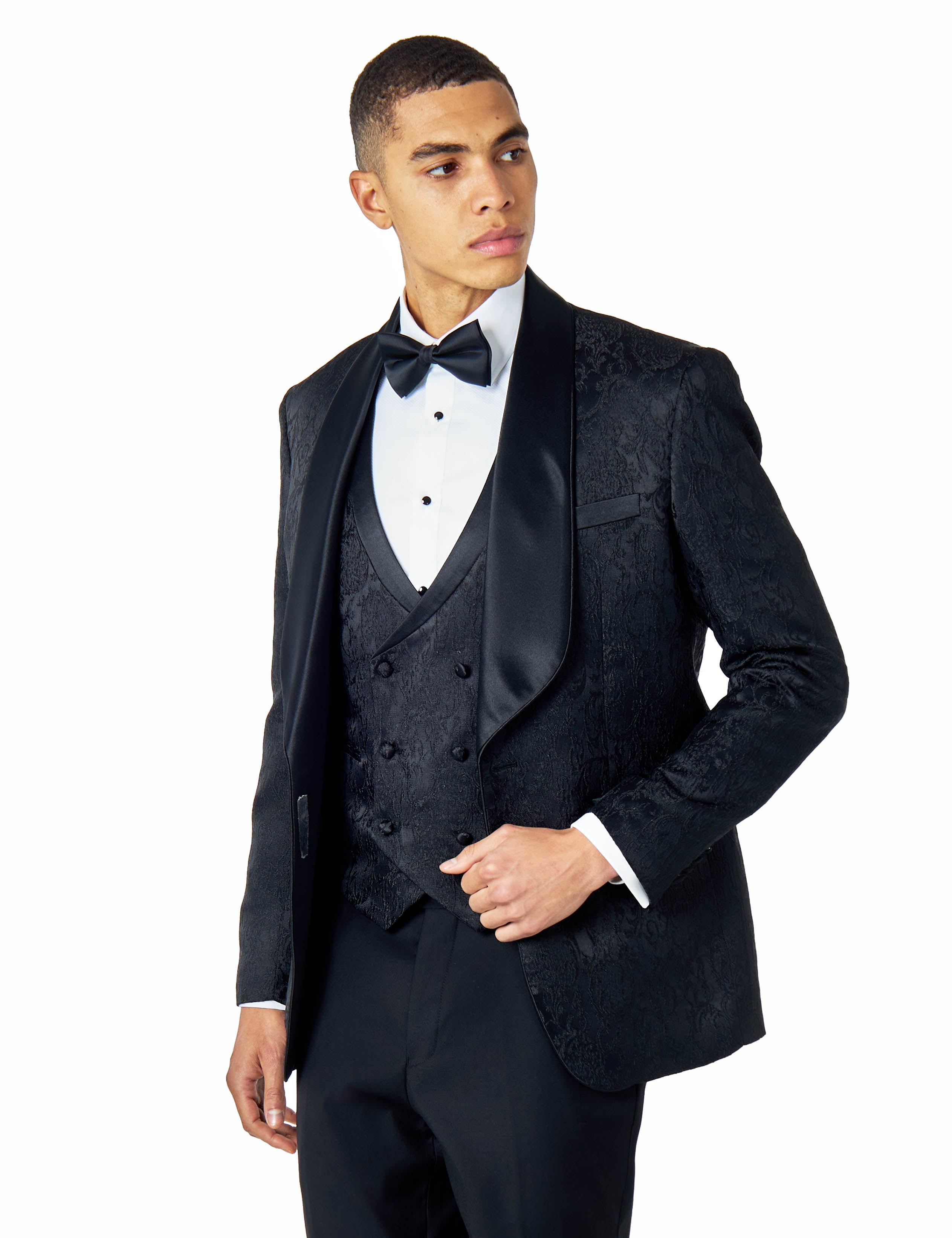 LOUIS – BLACK DAMASK PRINT TUXEDO WAISTCOAT