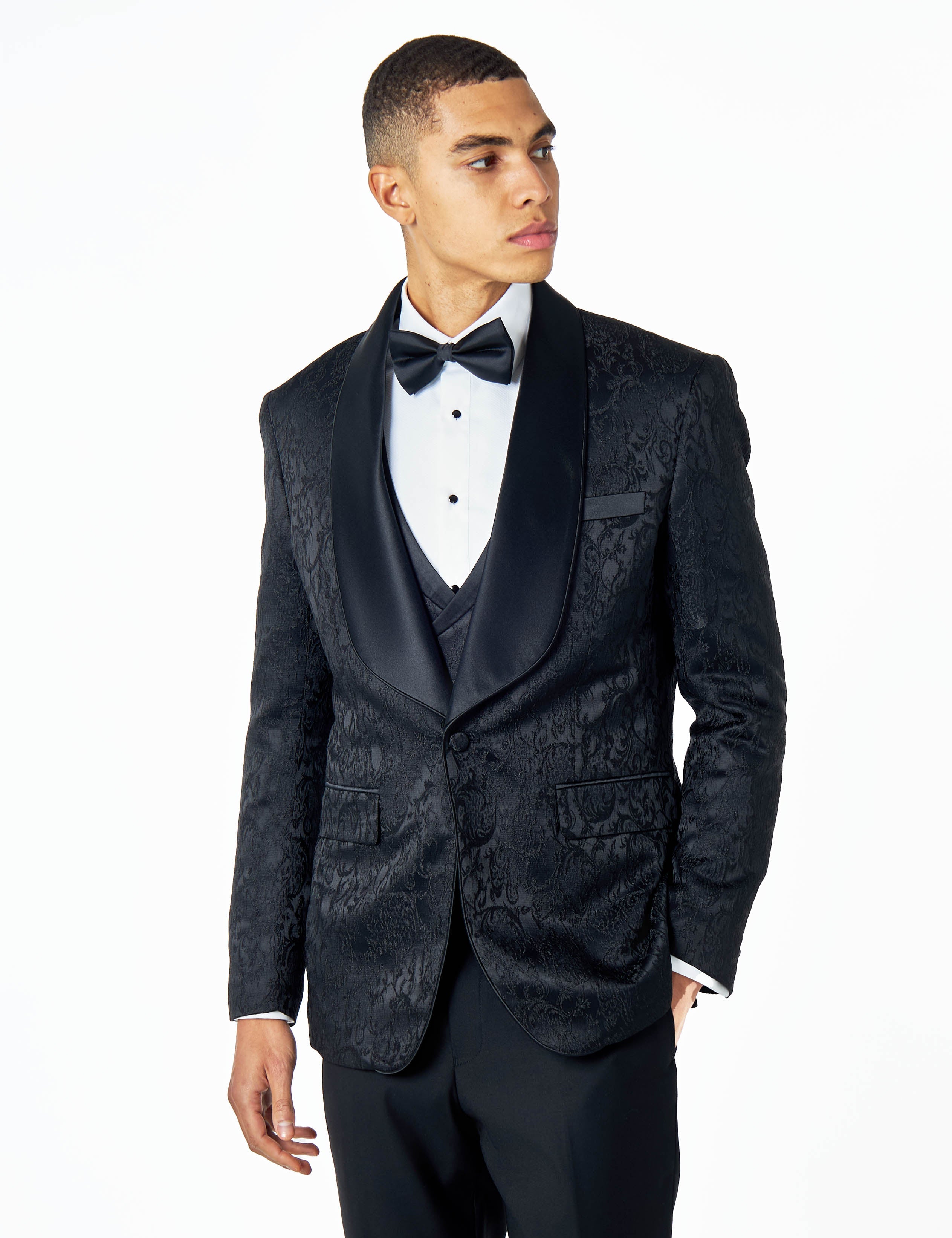 LOUIS – TUXEDO JACKET IN BLACK IN DAMASK PRINT