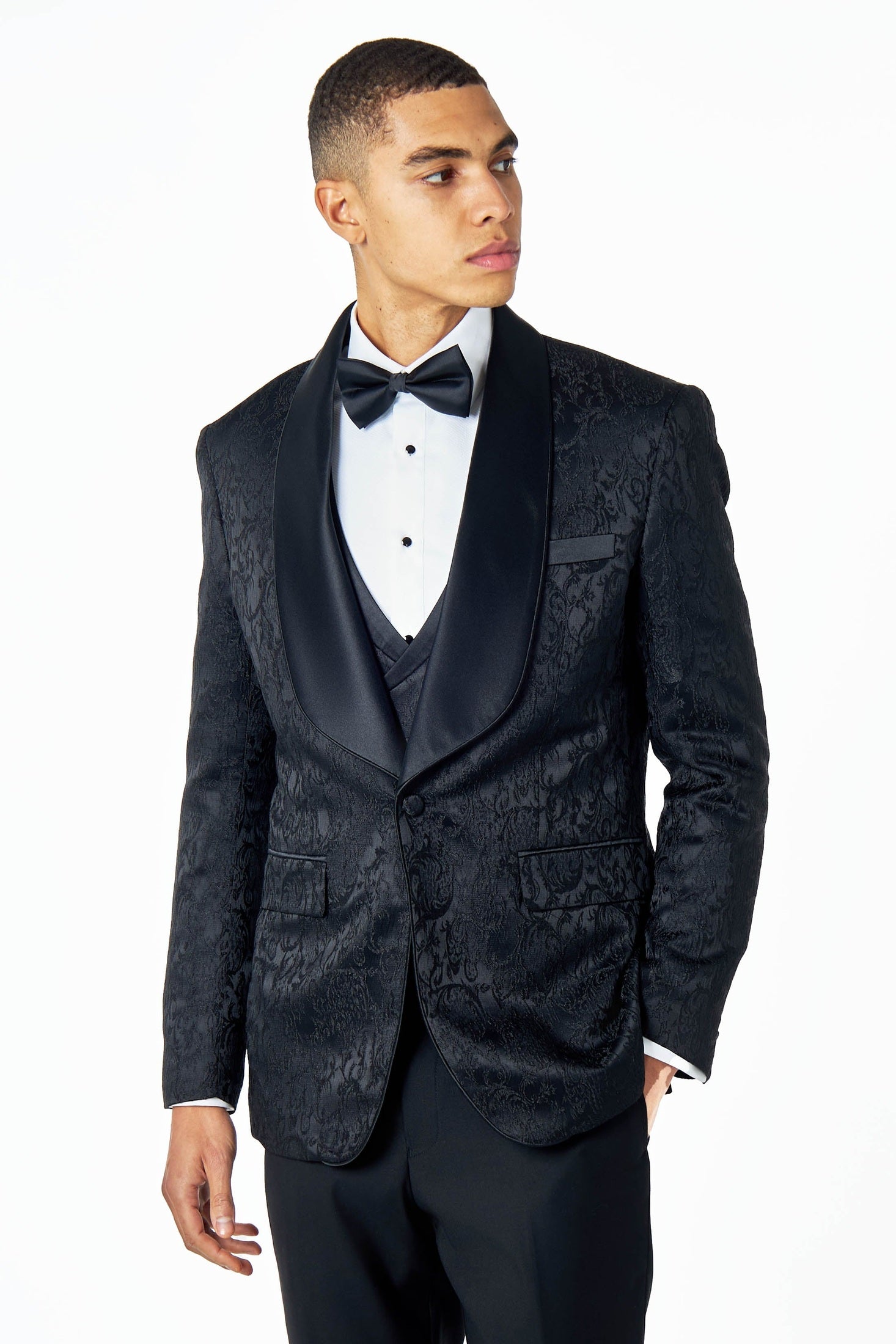LOUIS – TUXEDO JACKET IN BLACK IN DAMASK PRINT
