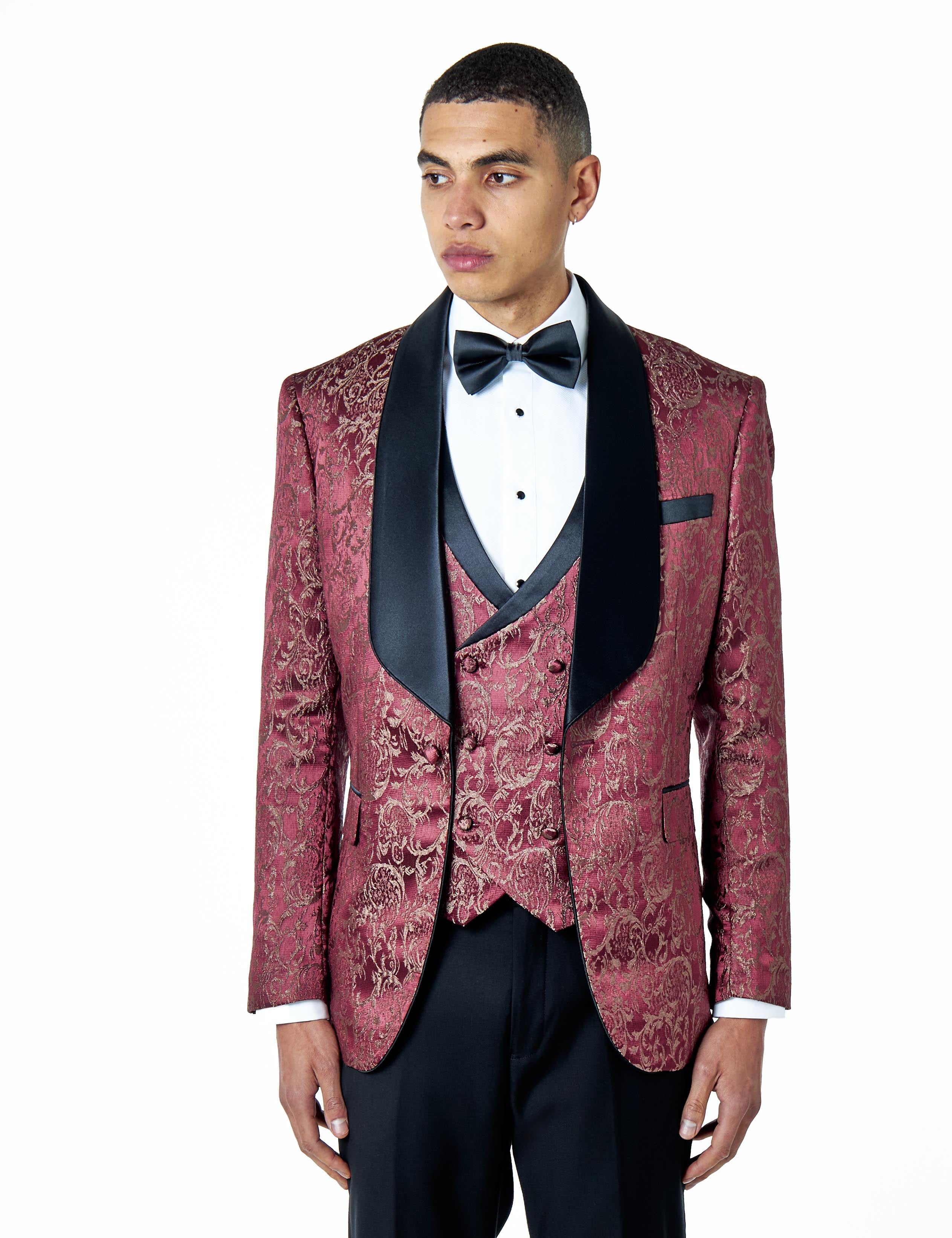 LOUIS – MAROON 3 PIECE DAMASK PRINT WEDDING TUXEDO SUIT