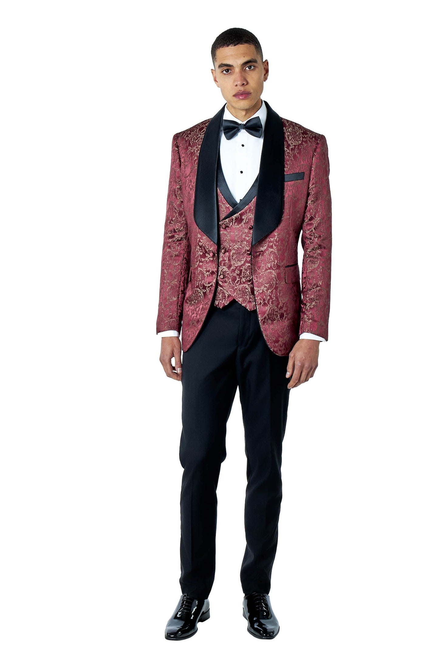 LOUIS – MAROON 3 PIECE DAMASK PRINT WEDDING TUXEDO SUIT