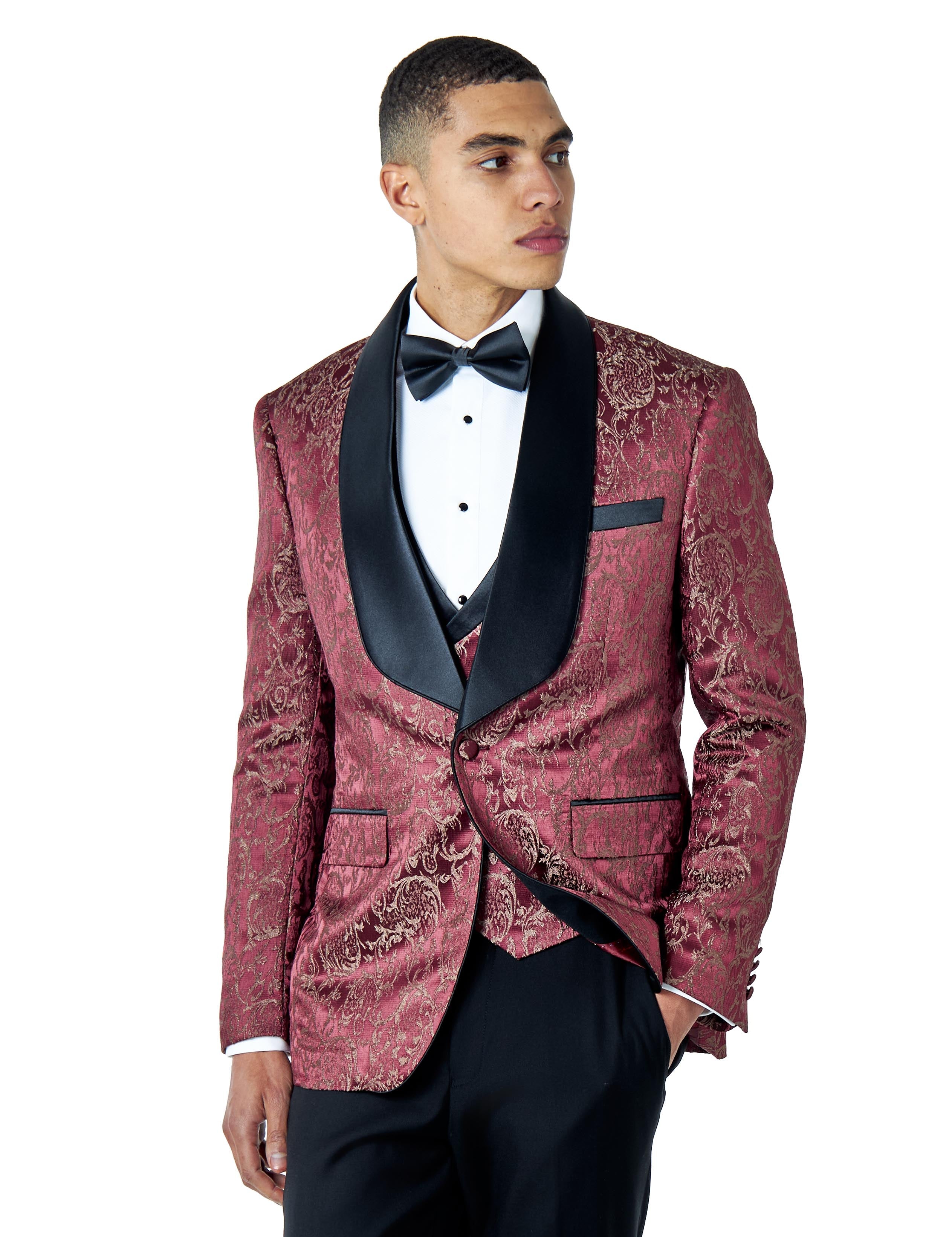 LOUIS – MAROON 3 PIECE DAMASK PRINT WEDDING TUXEDO SUIT