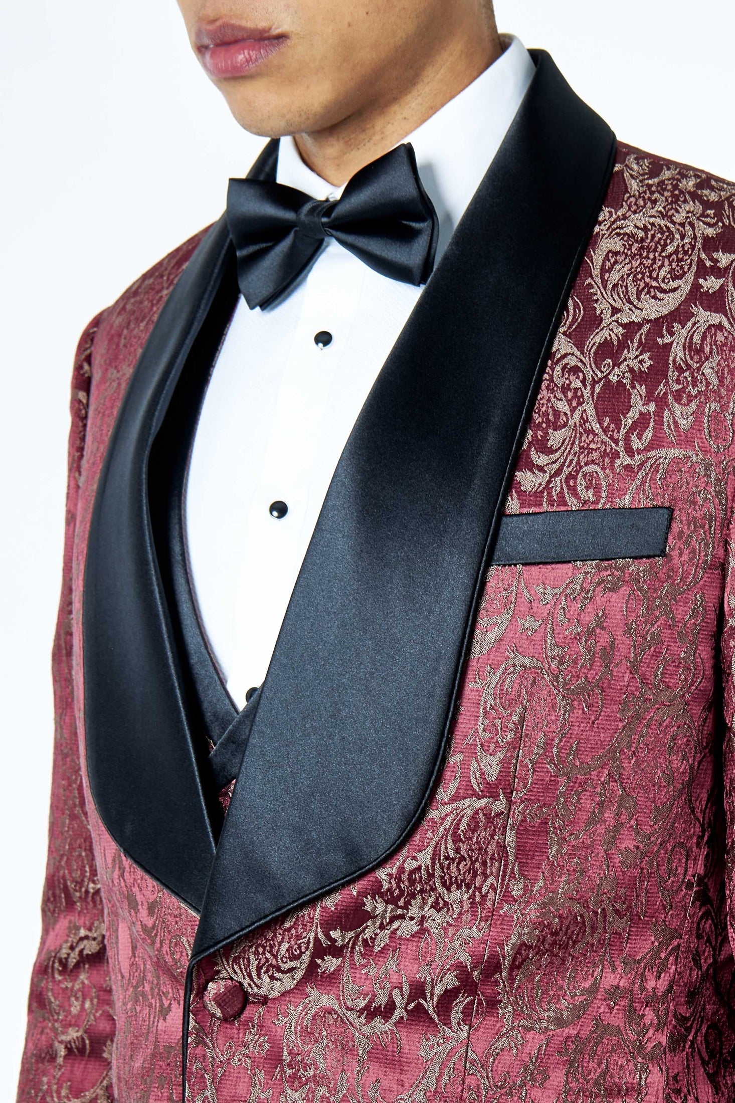 LOUIS – MAROON 3 PIECE DAMASK PRINT WEDDING TUXEDO SUIT