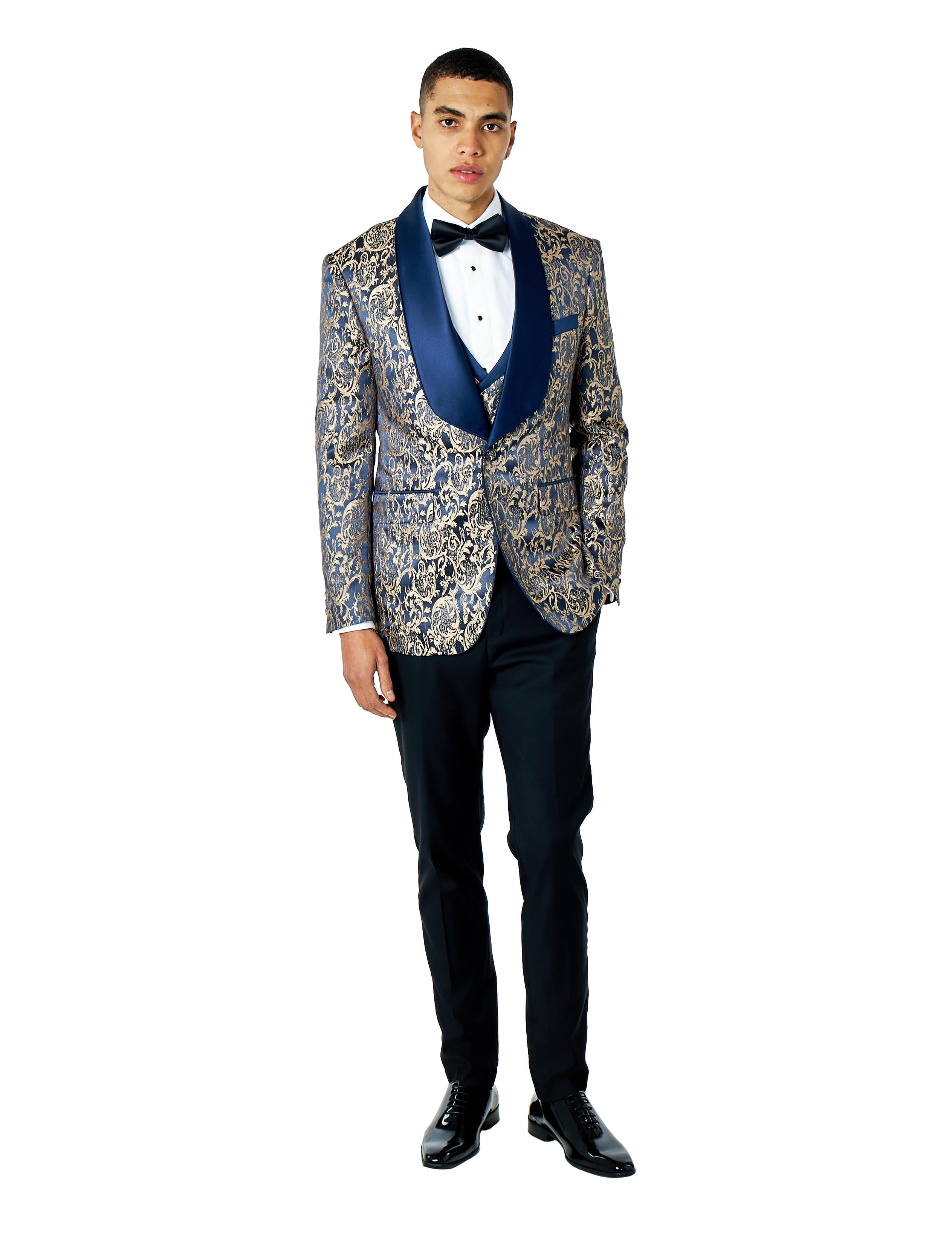 LOUIS – NAVY GOLD DAMASK PRINT 3 PIECE WEDDING TUXEDO SUIT