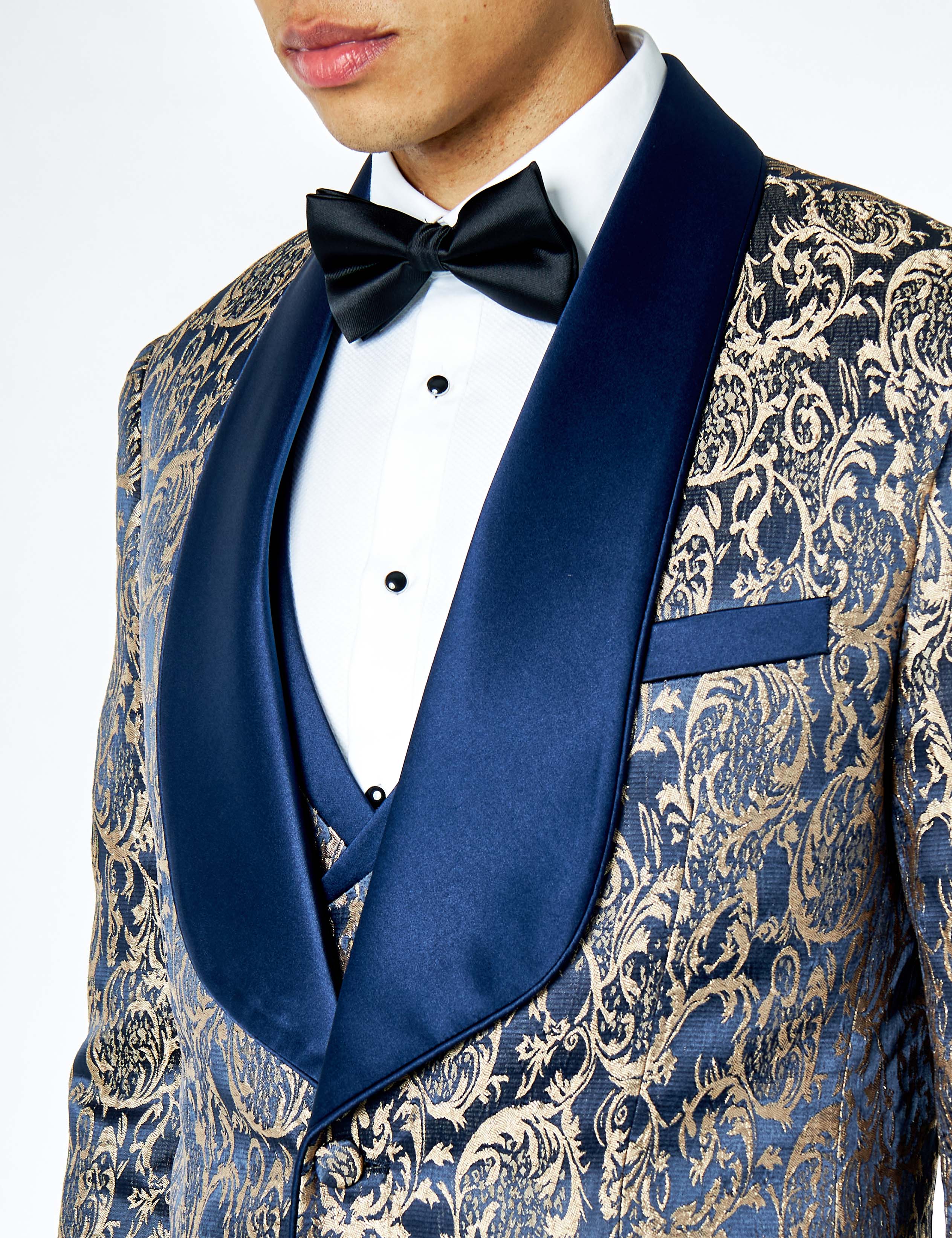 LOUIS – NAVY GOLD DAMASK PRINT 3 PIECE WEDDING TUXEDO SUIT