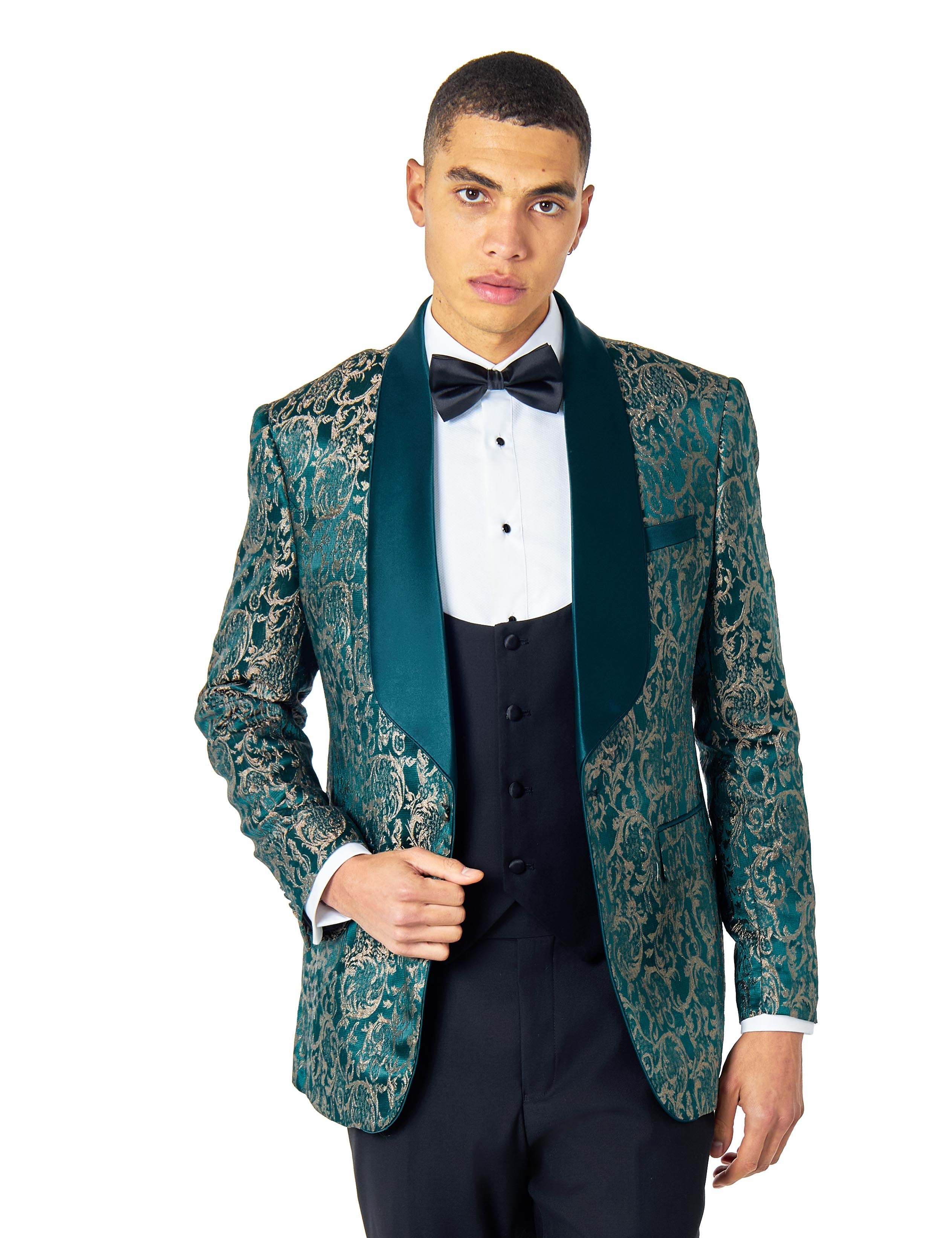 LOUIS – GREEN GOLD DAMASK PRINT 3 PIECE WEDDING TUXEDO SUIT