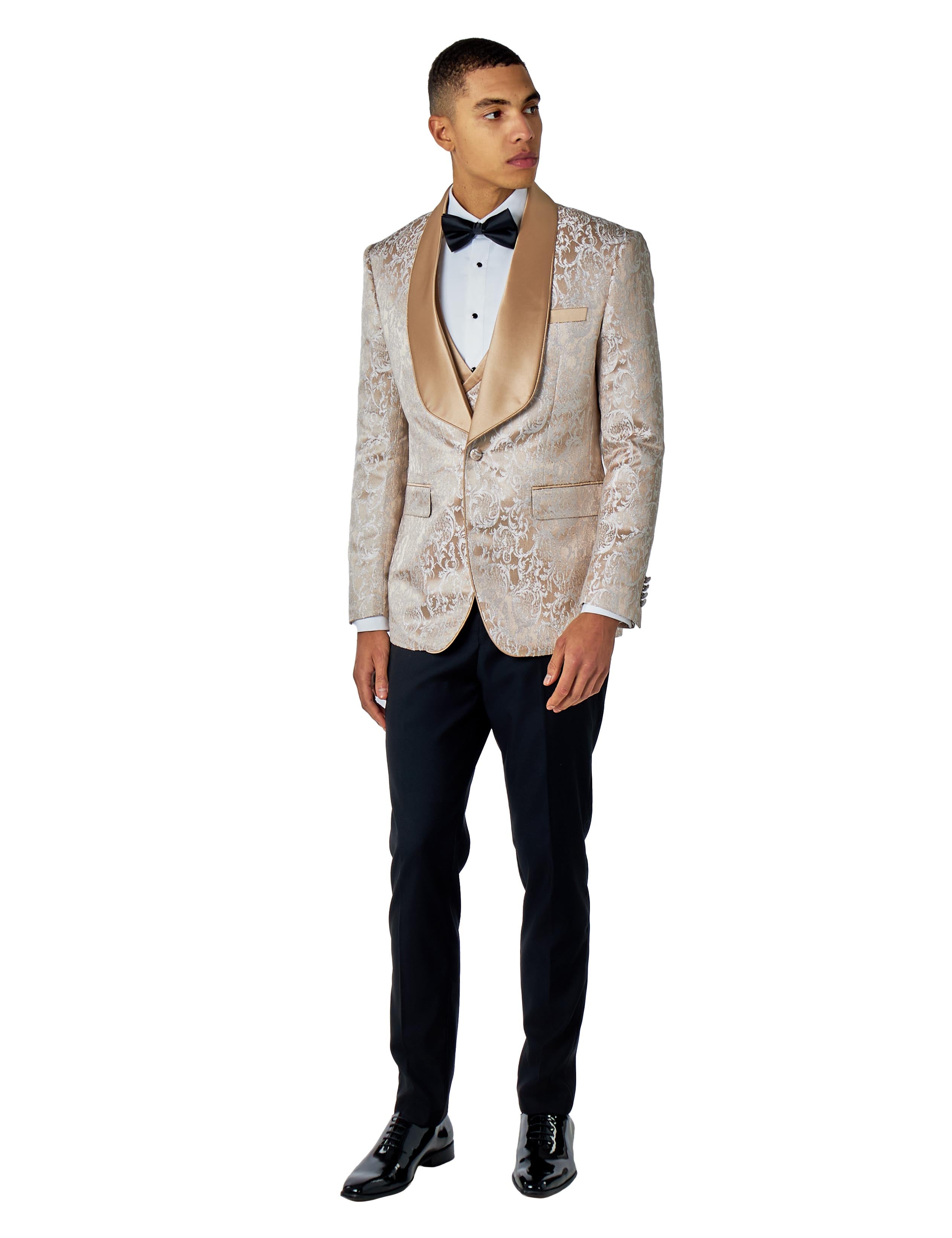 LOUIS – CHAMPAGNE GOLD DAMASK PRINT 3 PIECE WEDDING TUXEDO SUIT