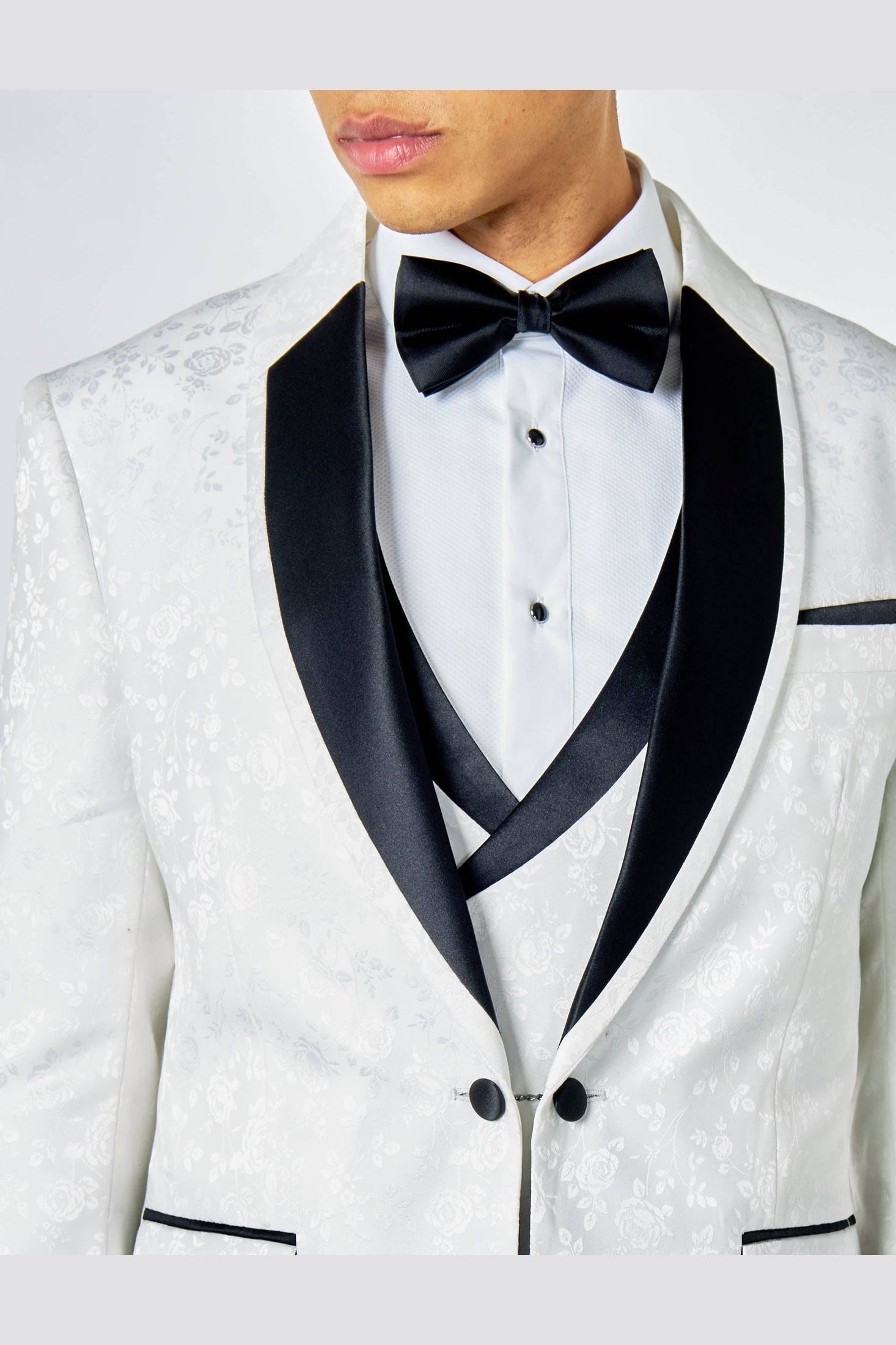 BRUCE – WHITE TUXEDO 3 PIECE SUIT FLORAL PAISLEY PRINT