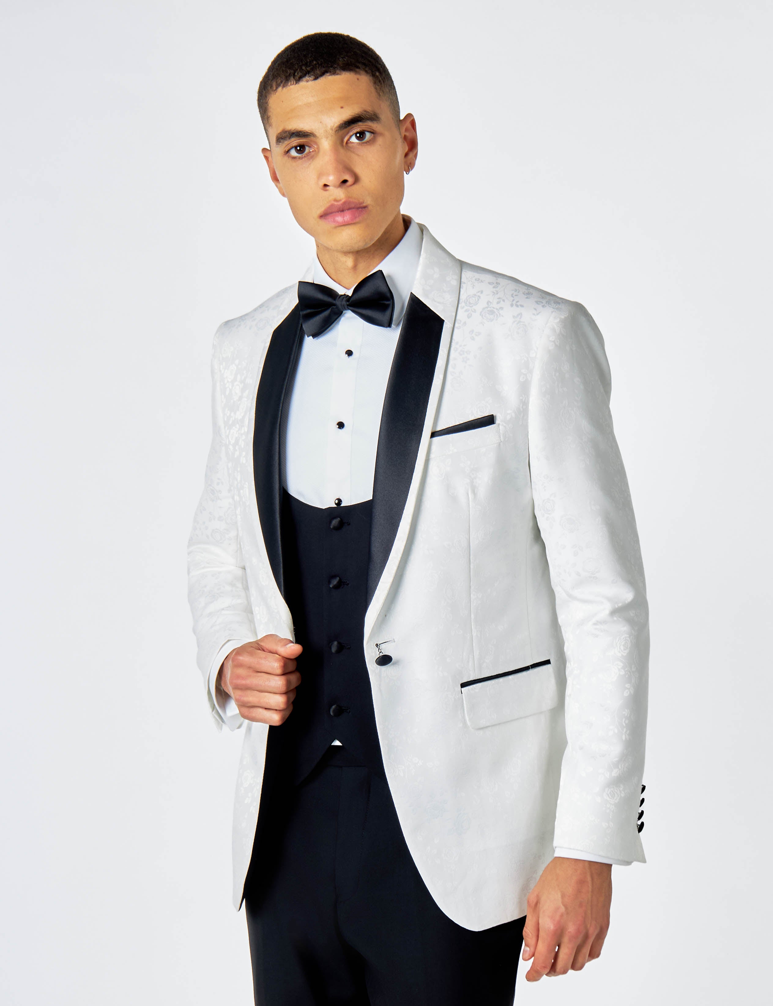 BRUCE – 3 PIECE TUXEDO SUIT WHITE FLORAL PAISLEY PRINT