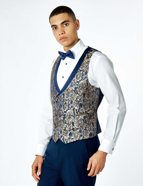 LOUIS – NAVY GOLD DAMASK PRINT TUXEDO DINNER WAISTCOAT