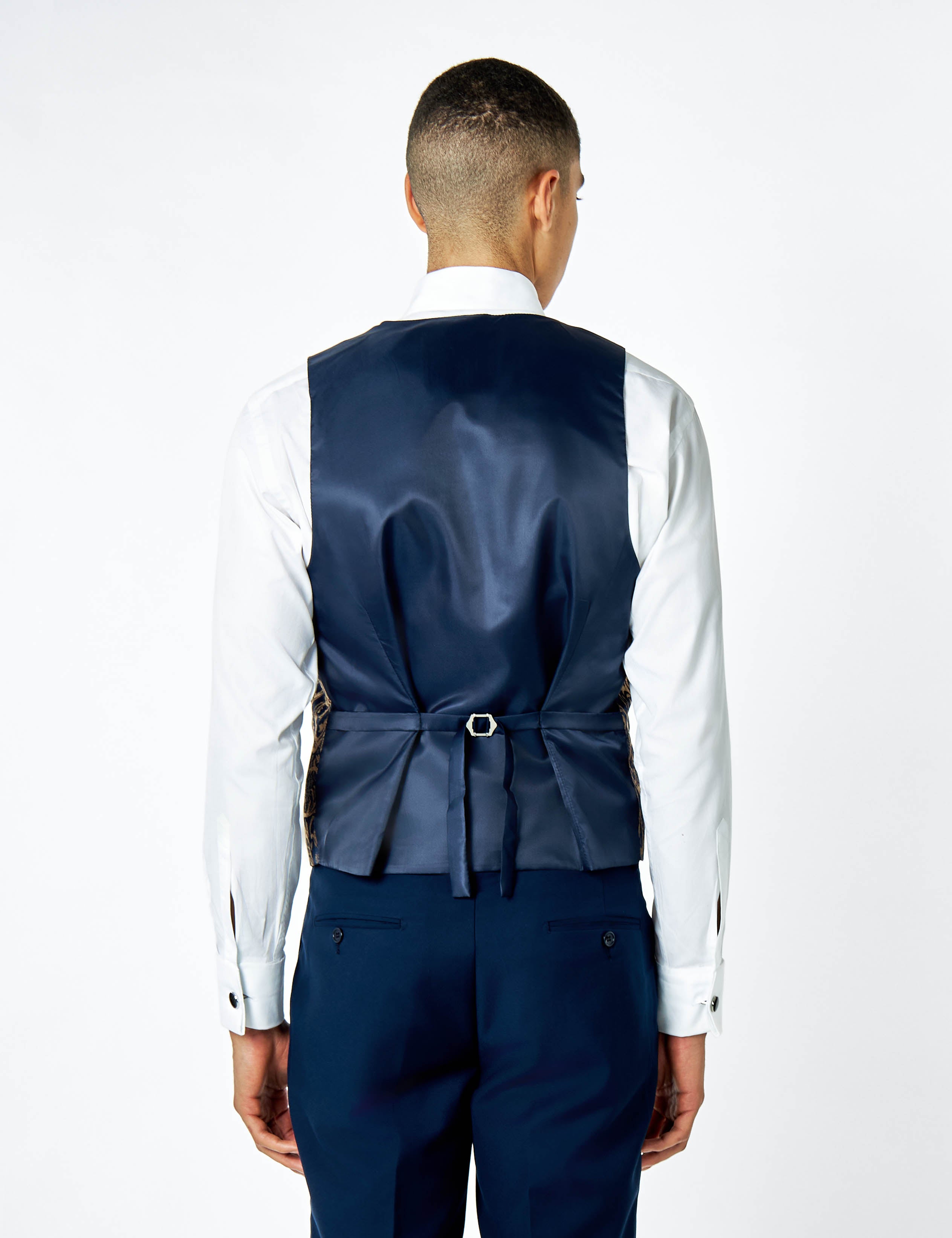 LOUIS – NAVY GOLD DAMASK PRINT TUXEDO DINNER WAISTCOAT