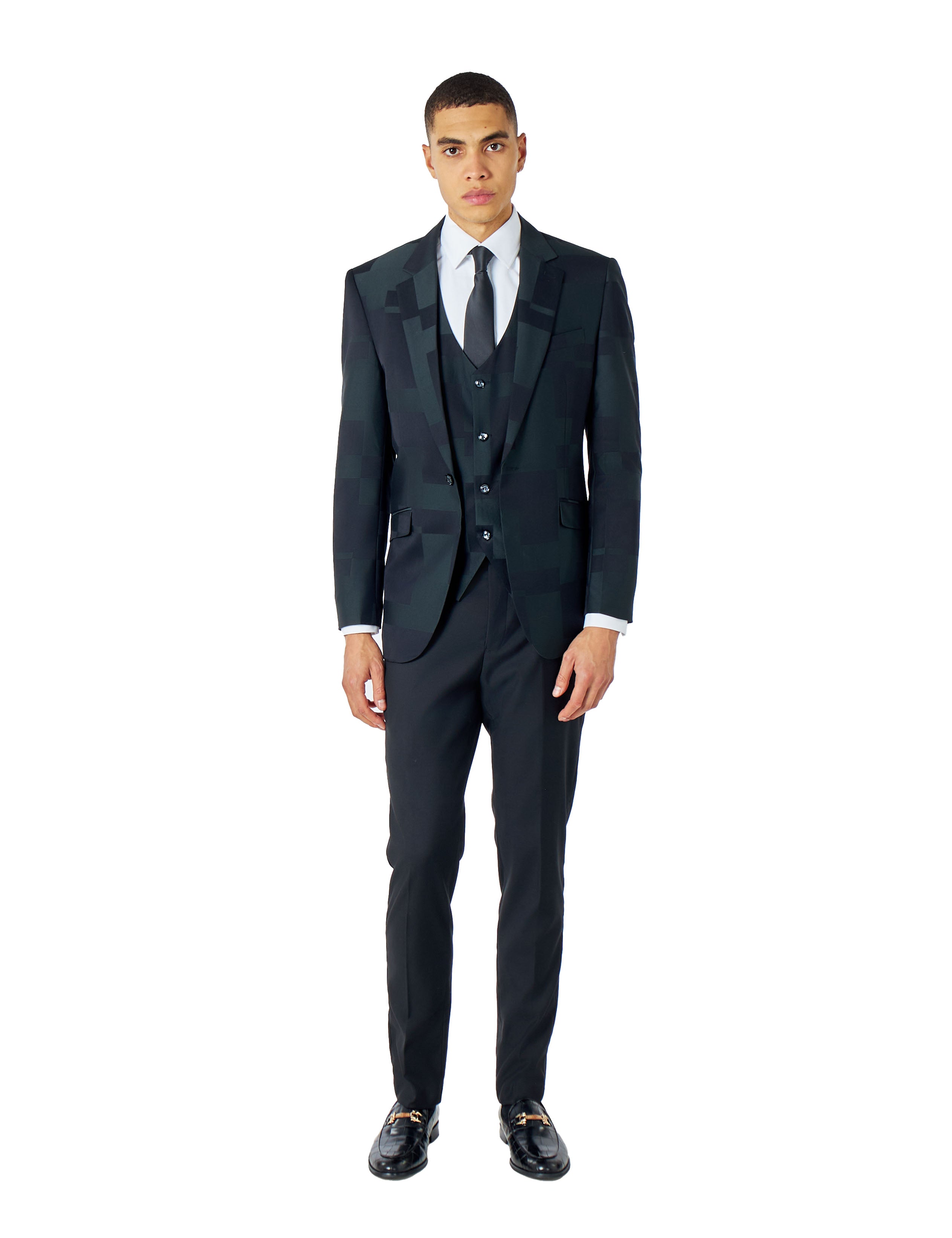 DARK GREEN GEO PATTERN DETAILED 3 PIECE SUIT