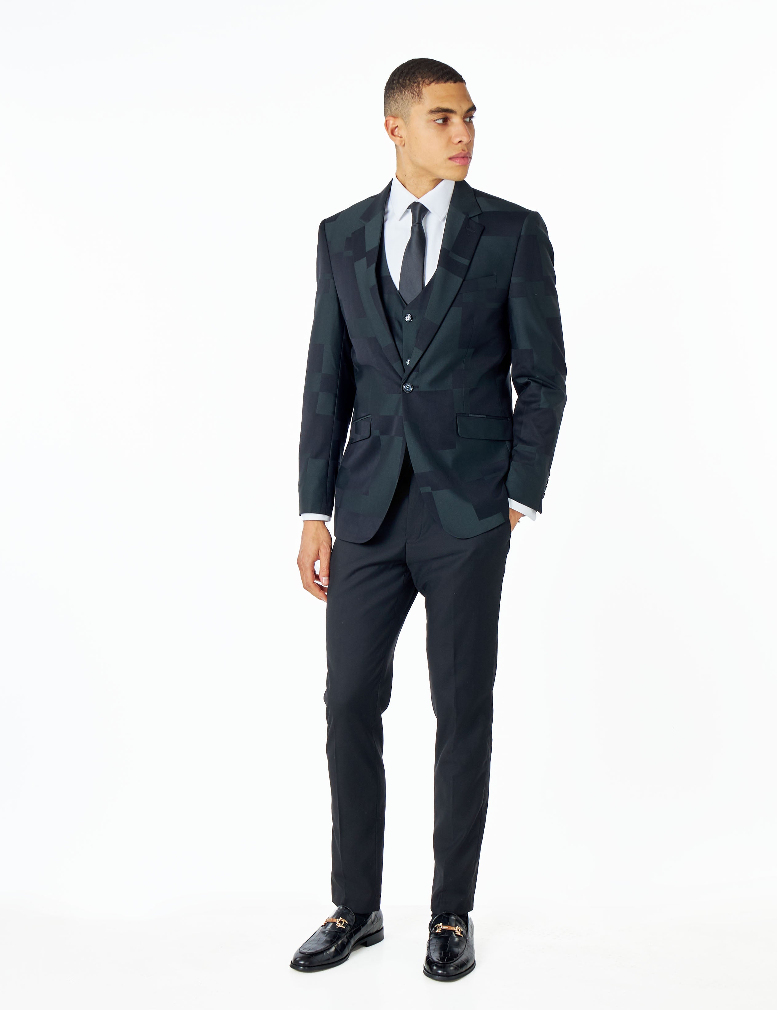 DARK GREEN GEO PATTERN DETAILED 3 PIECE SUIT