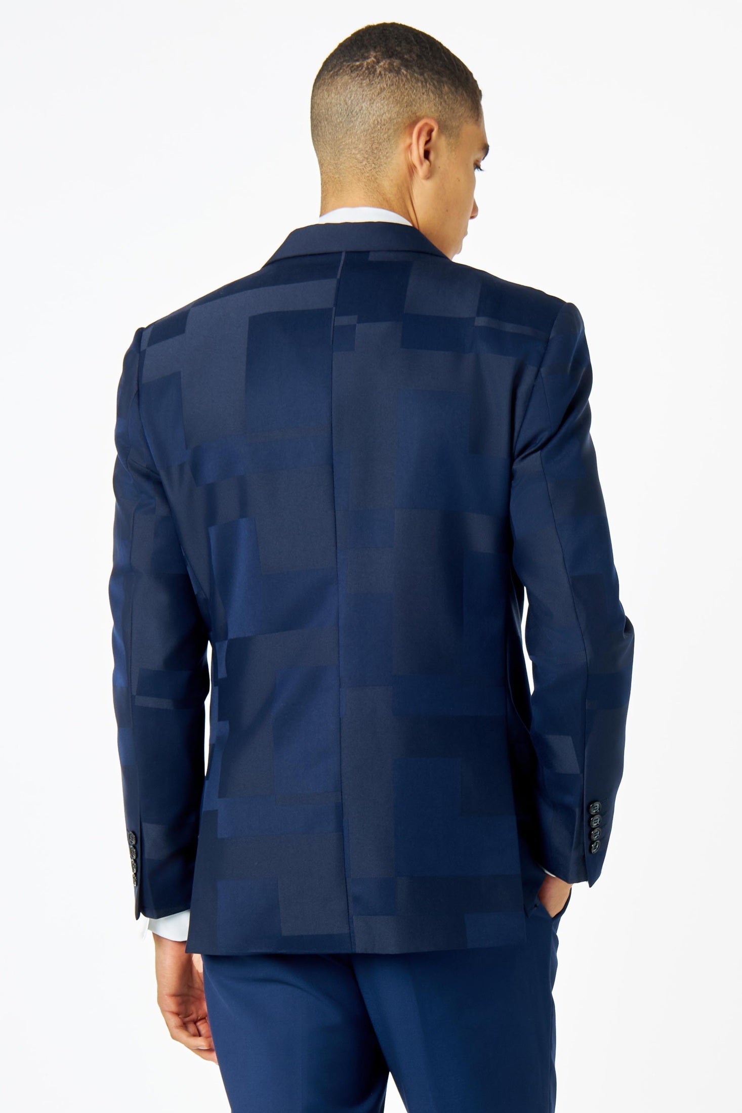 NAVY BLUE GEO PATTERN DETAILED SUIT JACKET