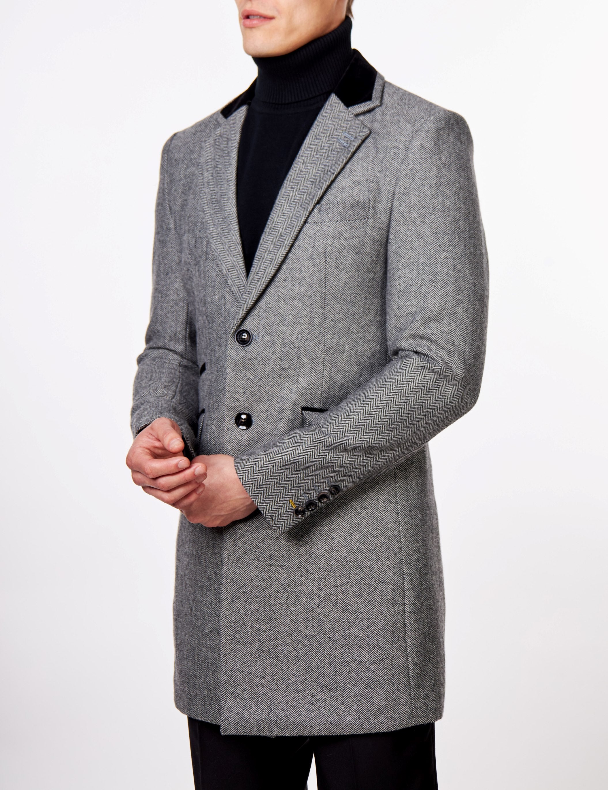 COSMO – HERRINGBONE WOOL BLEND LONG OVERCOAT IN GREY