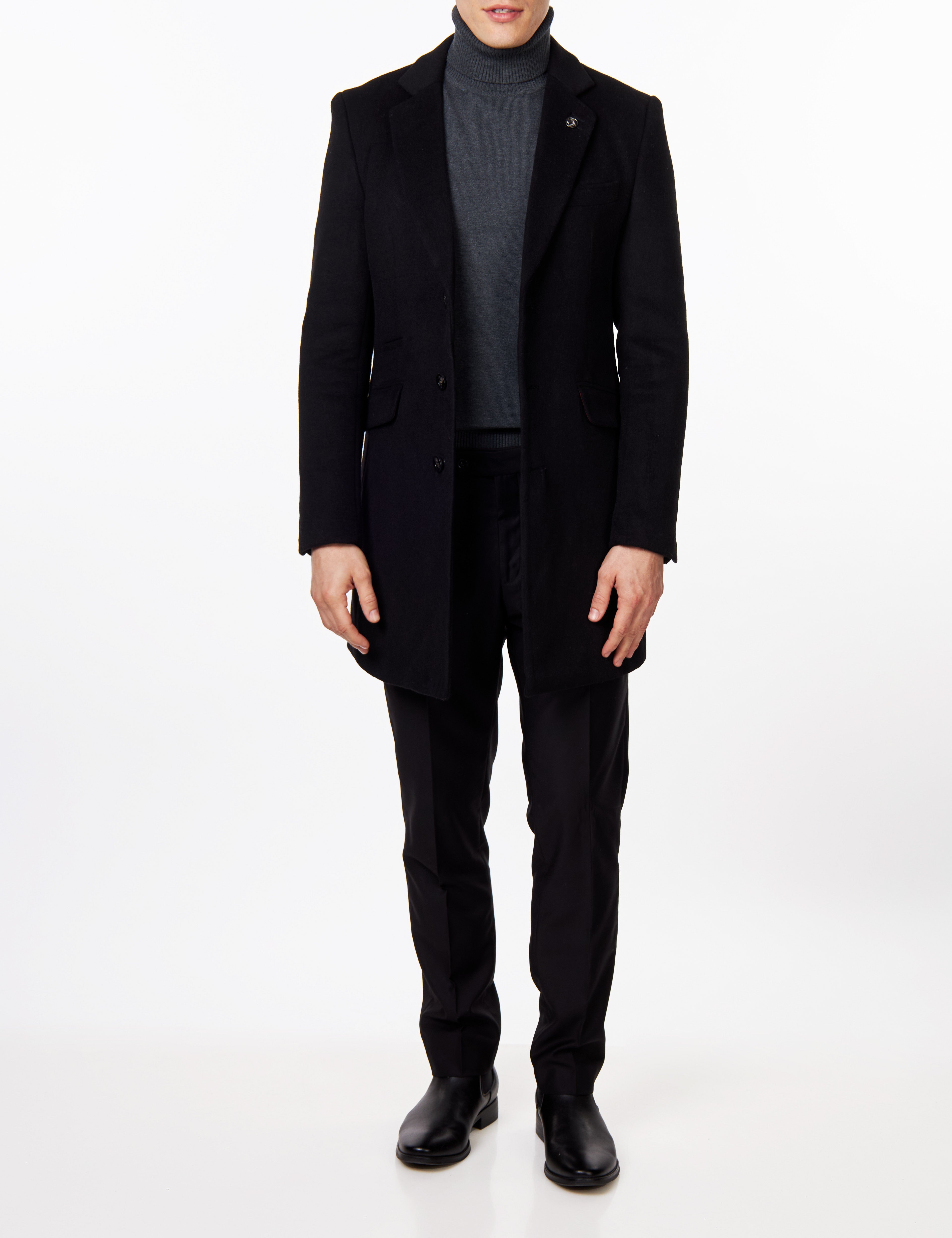 NATE - BLACK WOOL BLEND LONG OVERCOAT