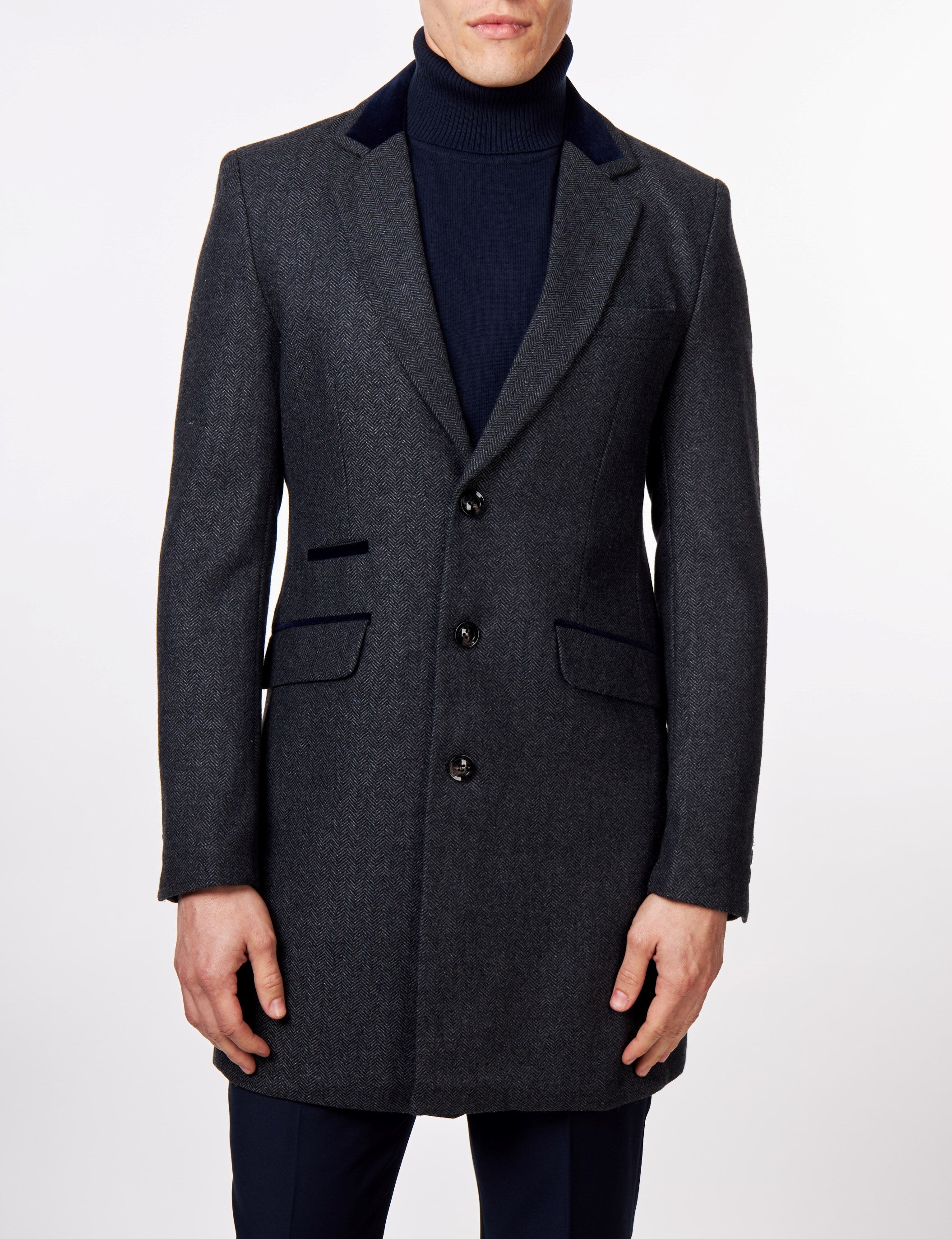 COSMO – GREY HERRINGBONE WOOL BLEND LONG OVERCOAT