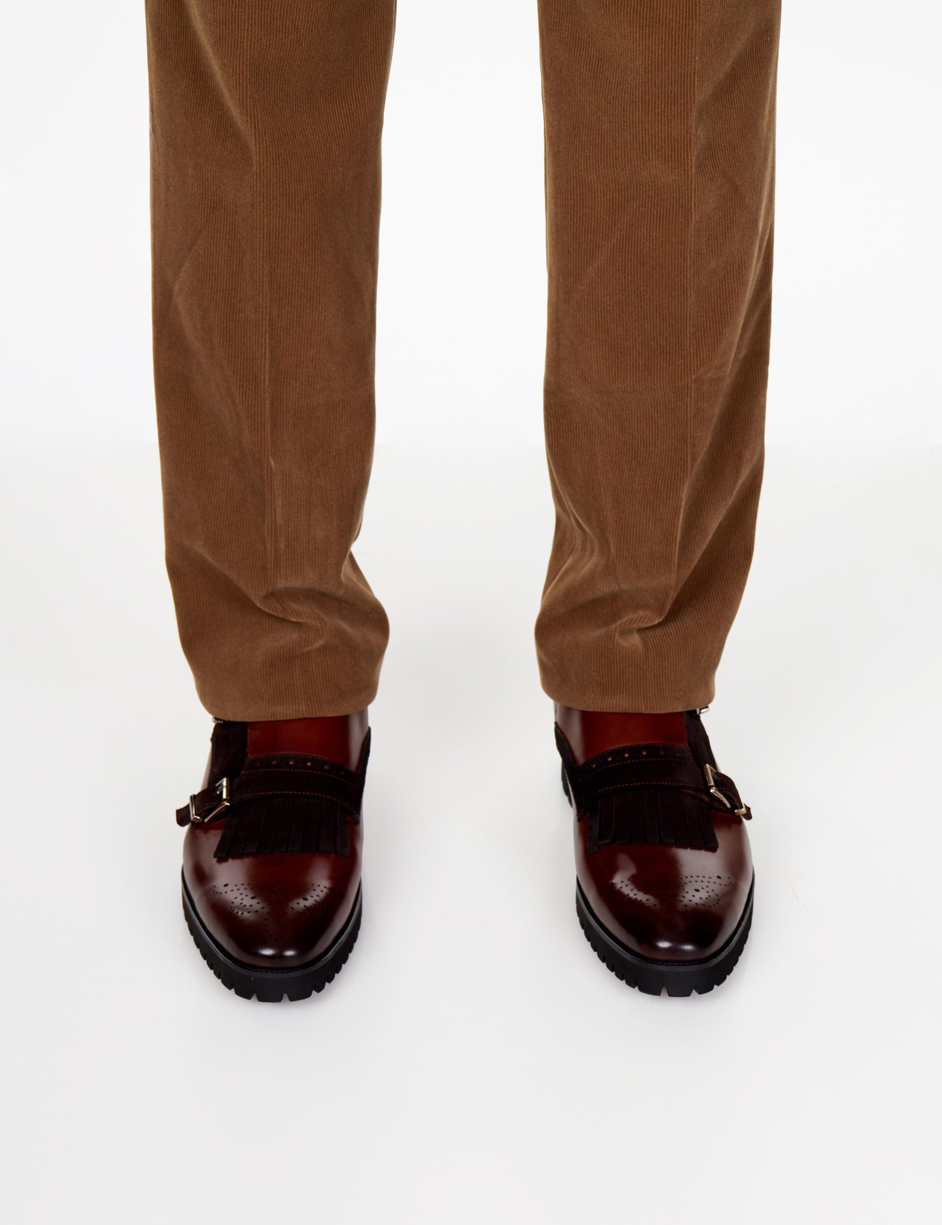 BROWN LEATHER & SUEDE DOUBLE MONK SHOES