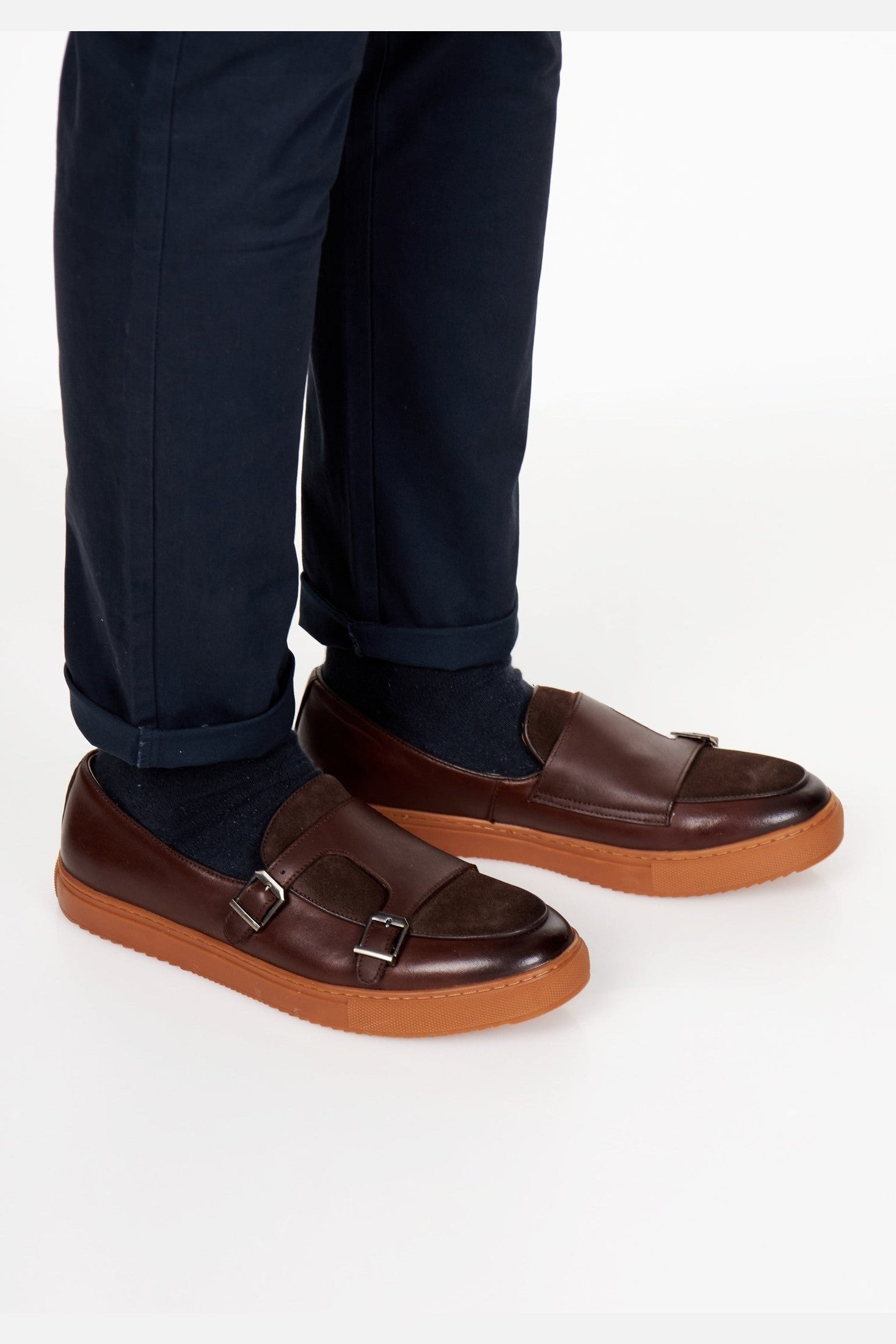 BROWN LEATHER & SUEDE DOUBLE MONK SNEAKERS