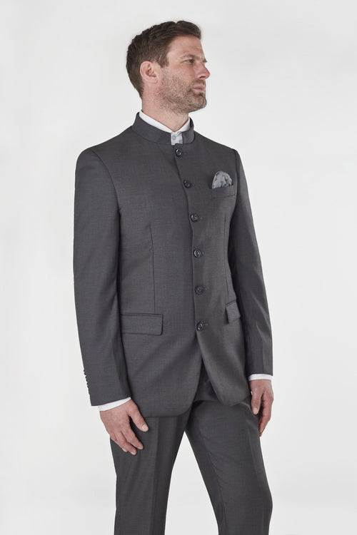 CHINESISCHER GRANDAD-KRAGEN, GRAUE ANZUGJACKE UND WESTE