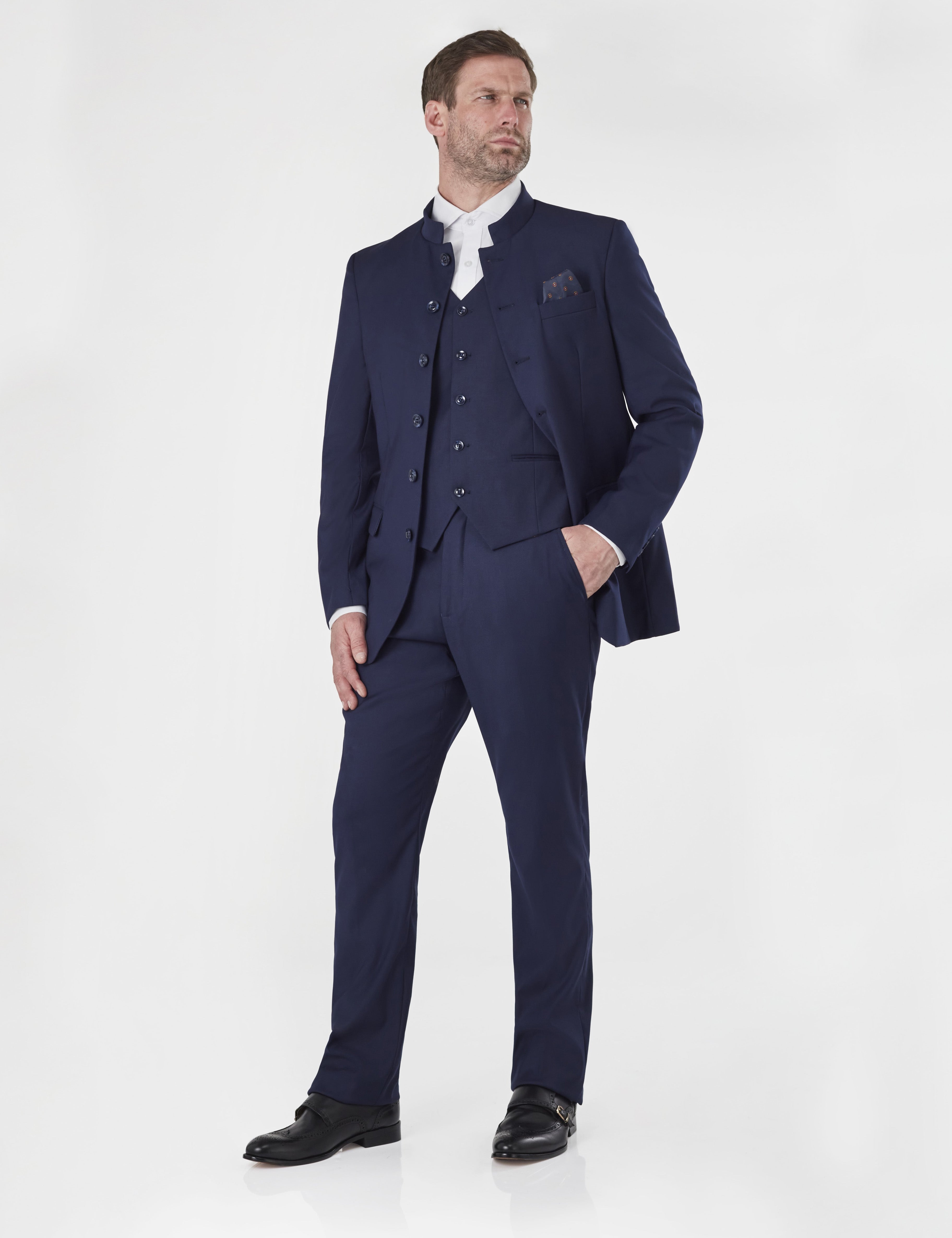 NAVY SUIT WITH CHINESE GRANDAD COLLAR
