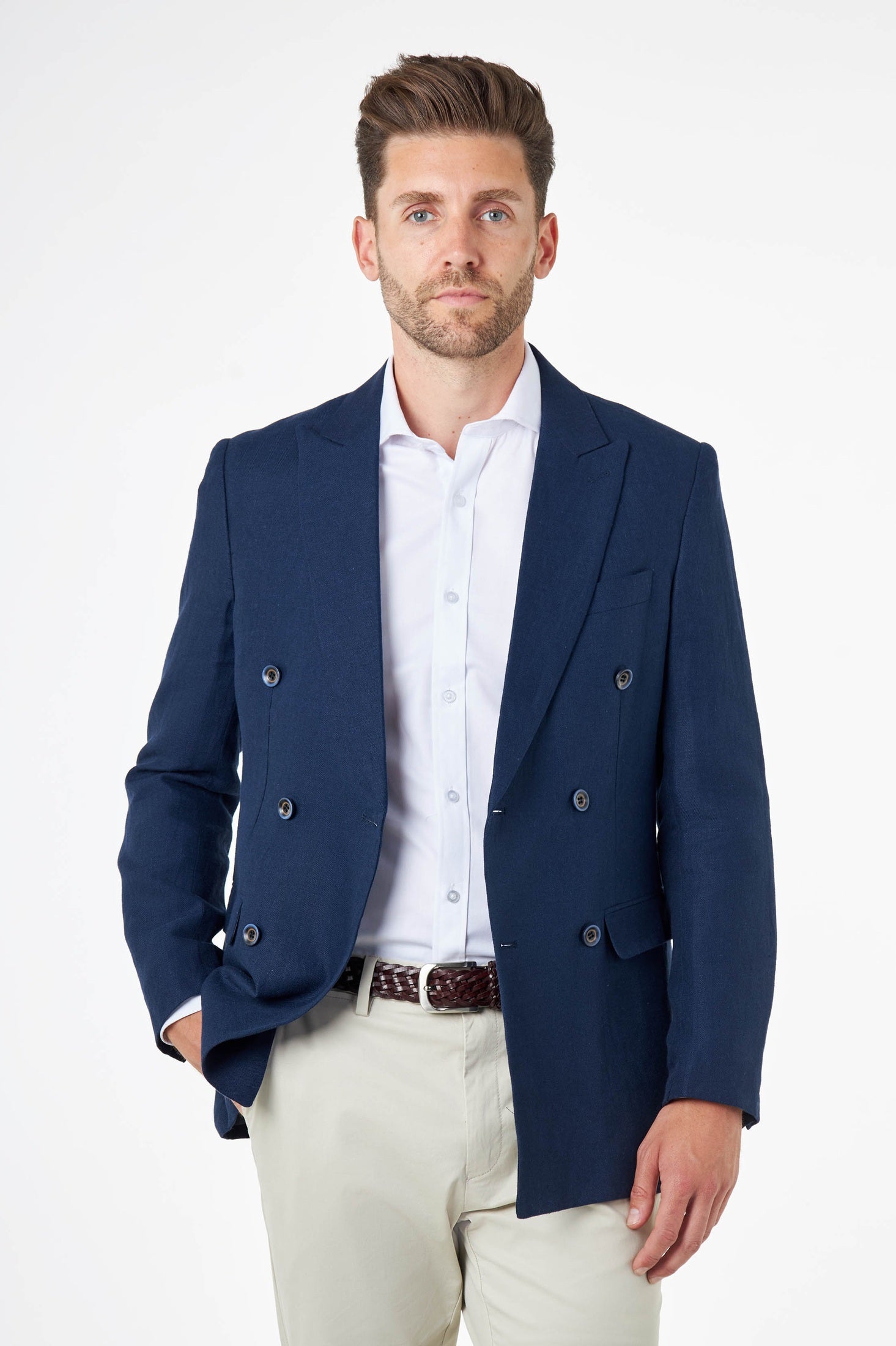 RAY - Tailored Fit Navy Herringbone Linen Double Breasted Jacket
