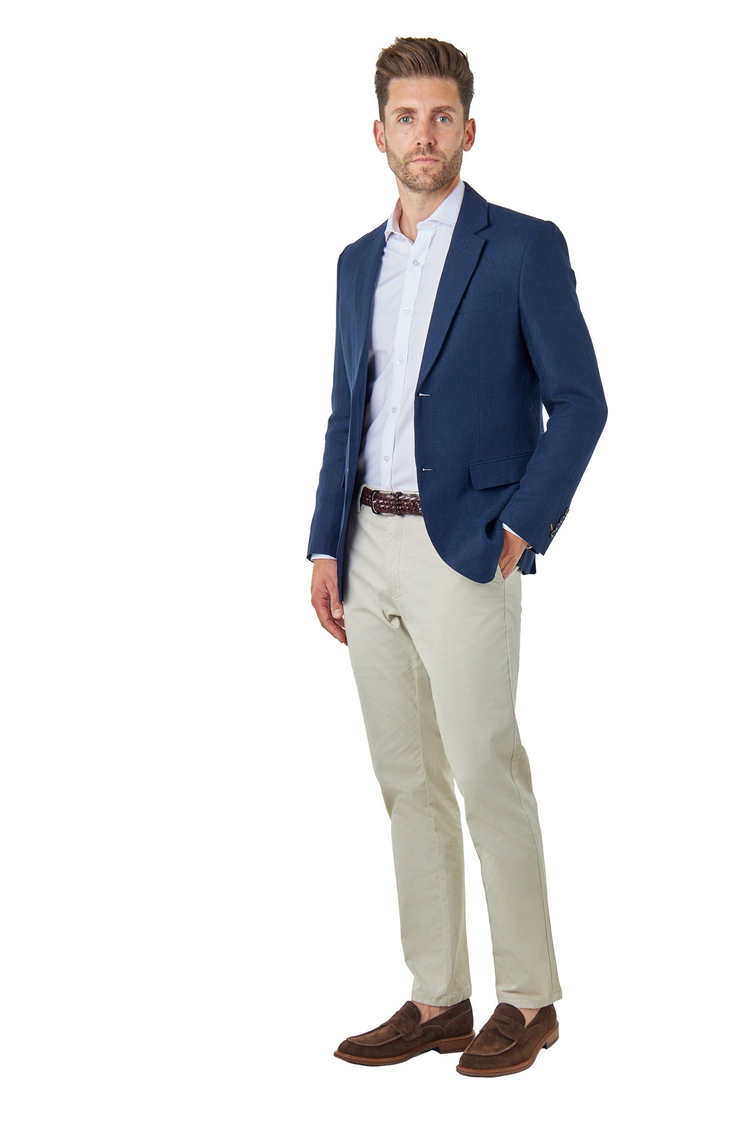 RAY - Tailored Fit Navy Herringbone Linen Suit Jacket