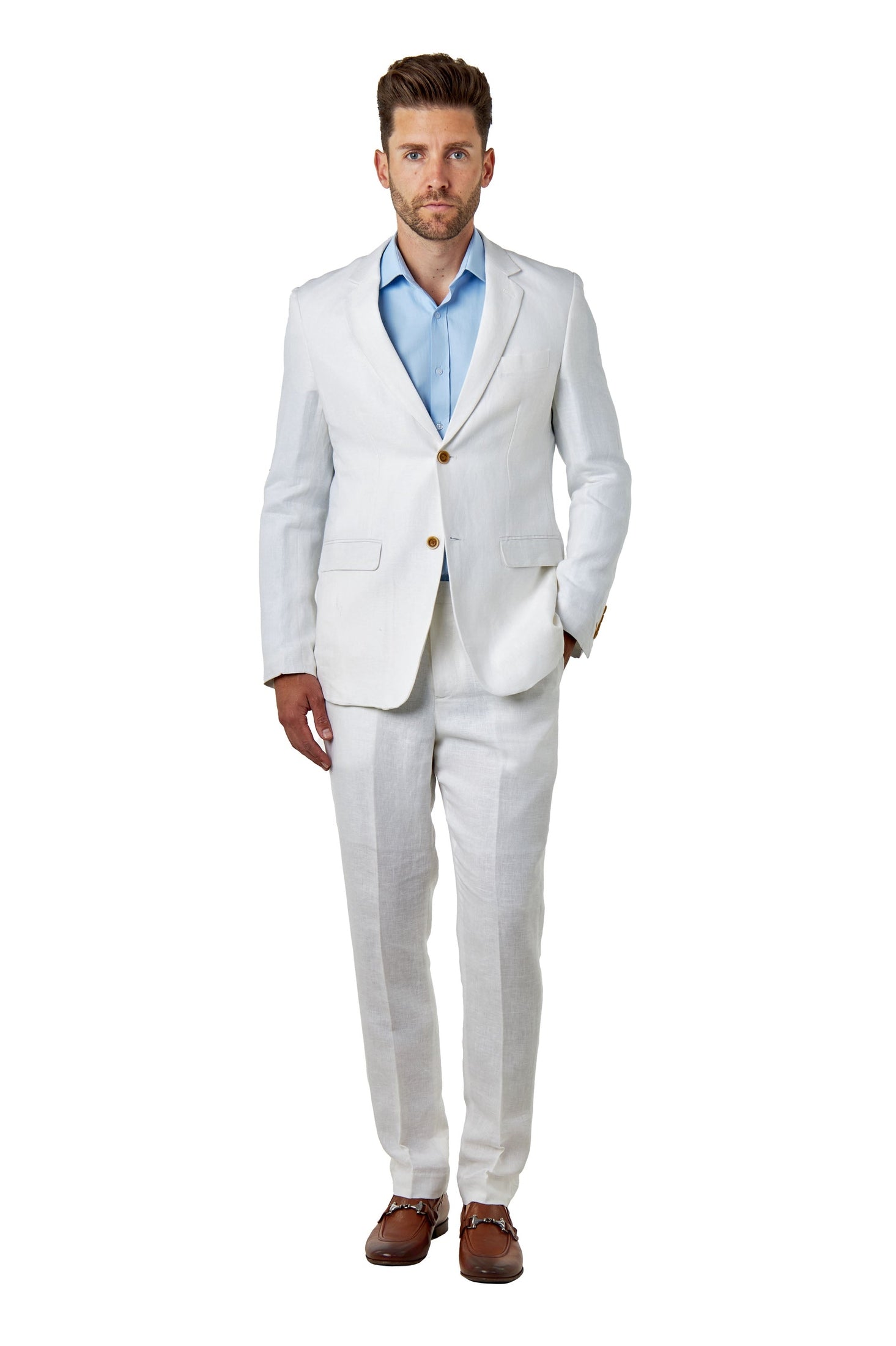 RAY - Tailored Fit Off White Herringbone Linen Suit Jacket