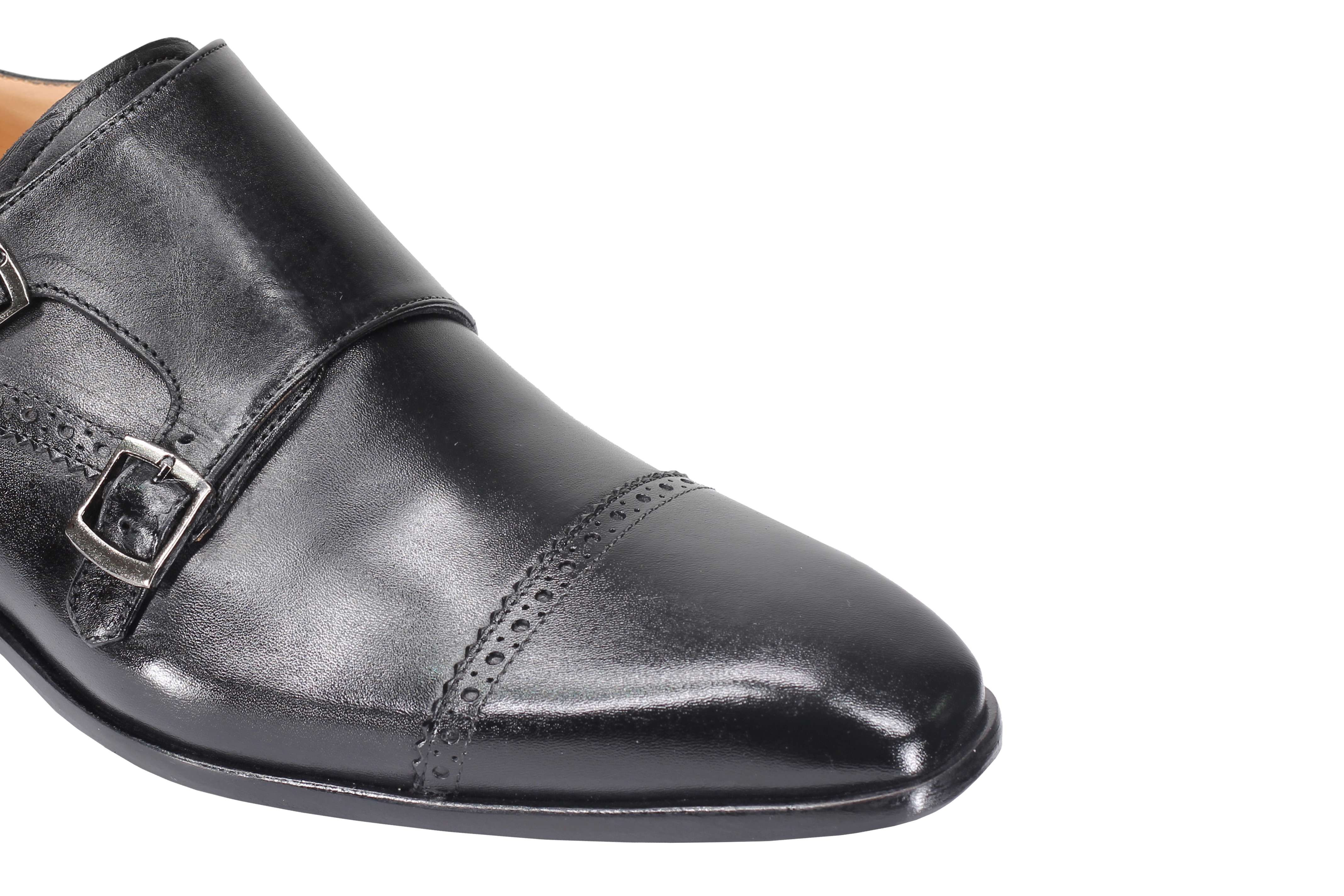 BLACK CALF LEATHER SEMI BROGUE MONK SHOES