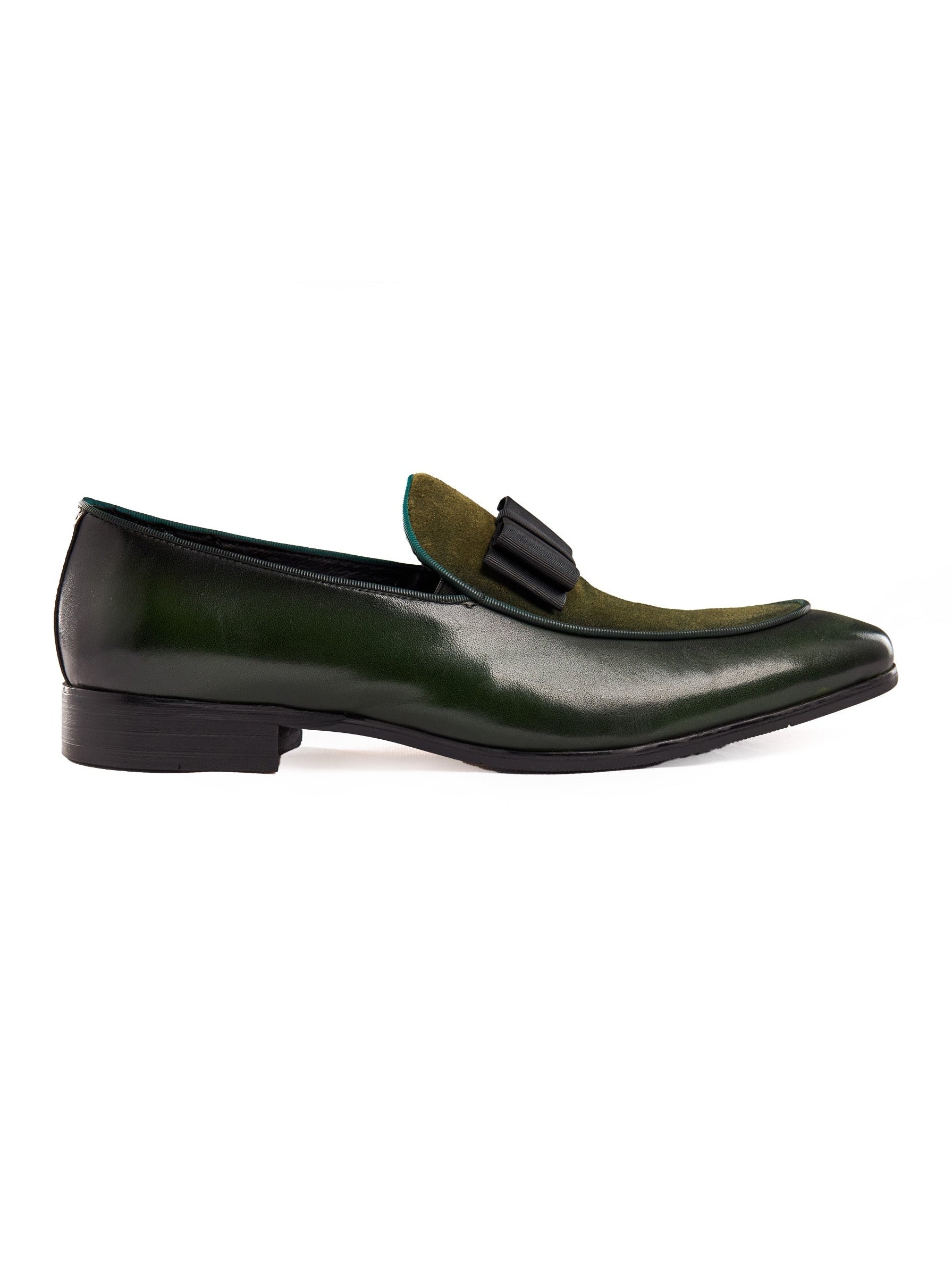 GREEN SUEDE & LEATHER BOW TIE LOAFERS