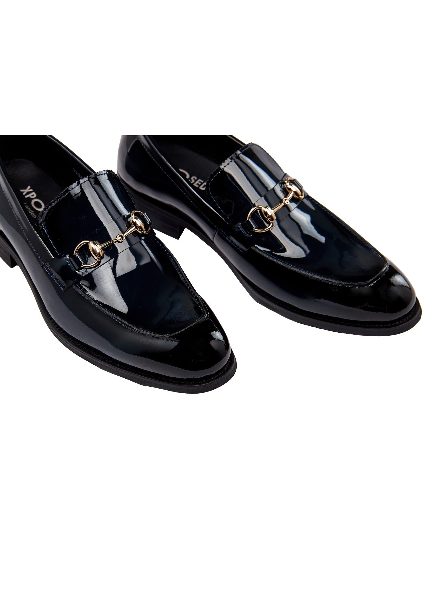 BLUE PATENT LEATHER GOLD BUCKLE LOAFERS