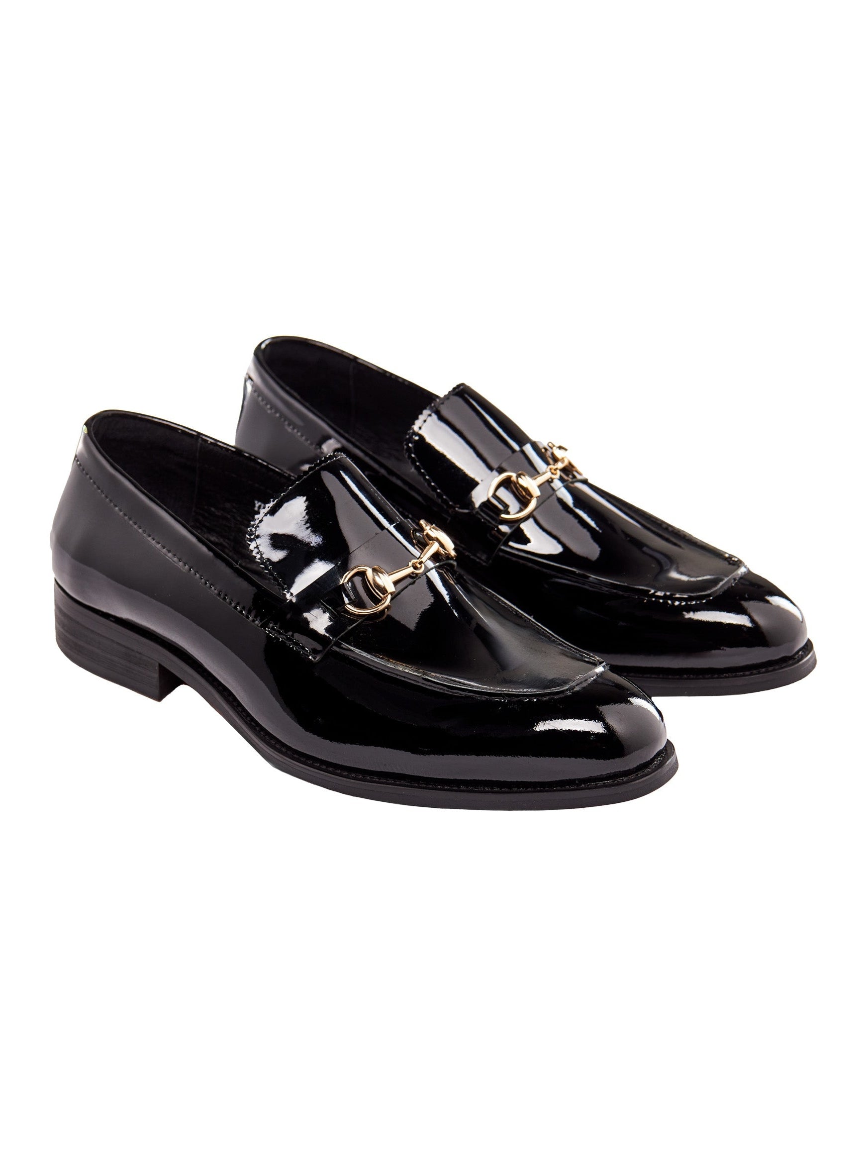 BLACK PATENT LEATHER GOLD BUCKLE LOAFERS