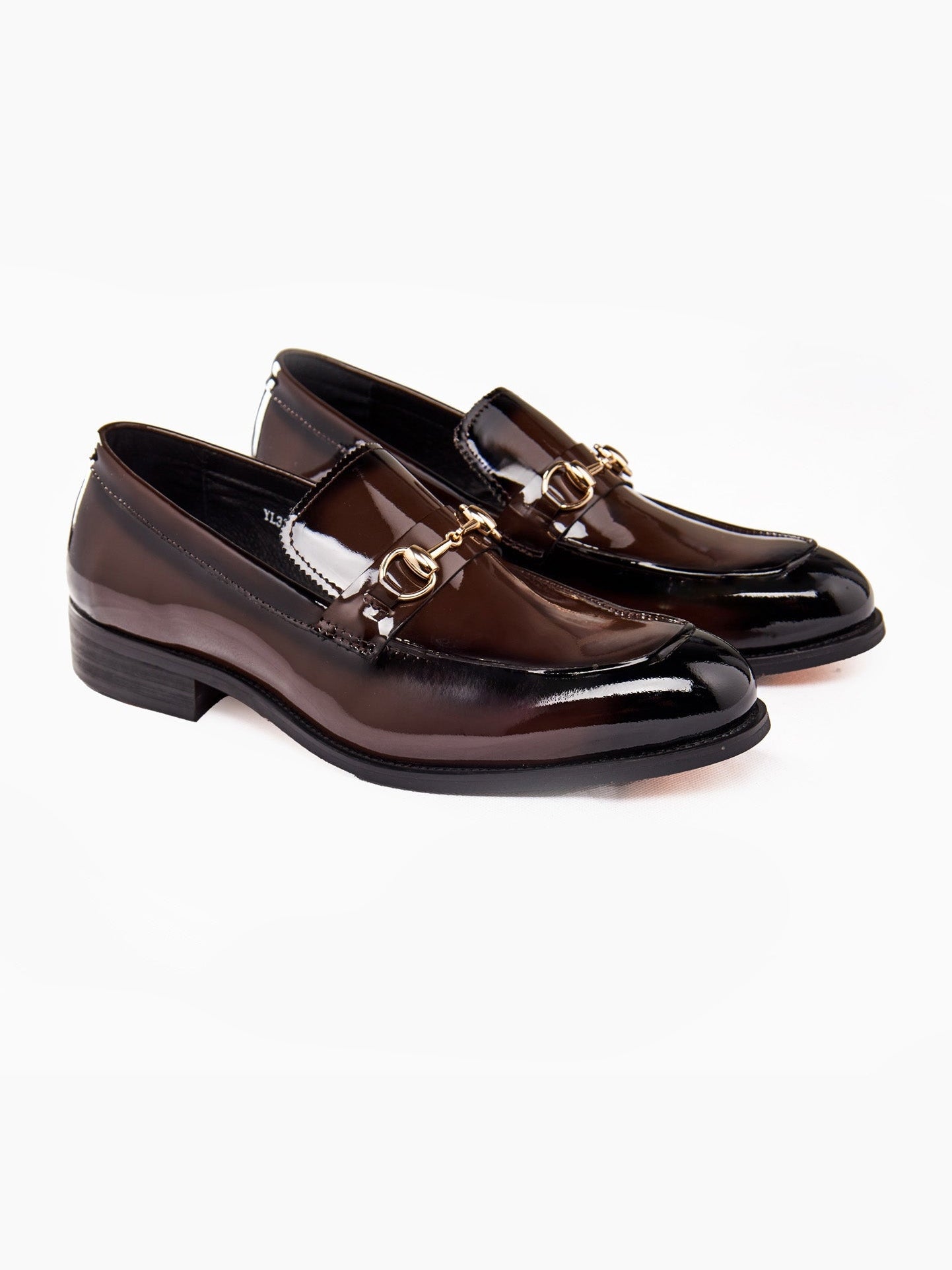 BROWN PATENT LEATHER GOLD BUCKLE LOAFERS