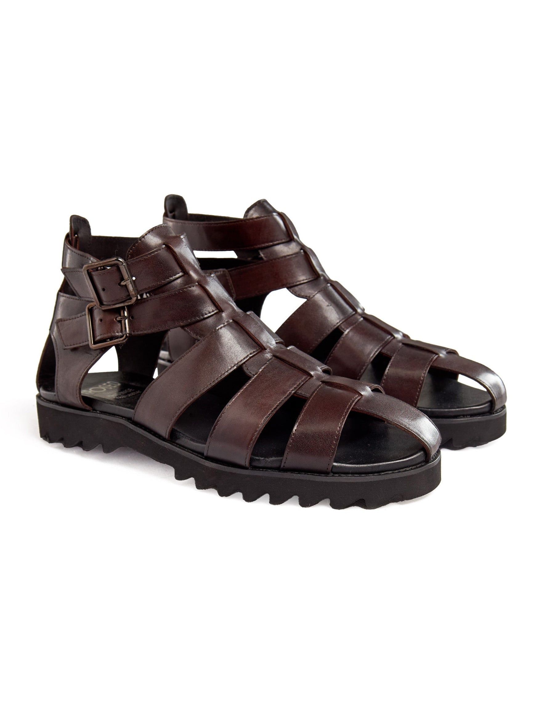 BROWN LEATHER CROSS STRAP SANDALS