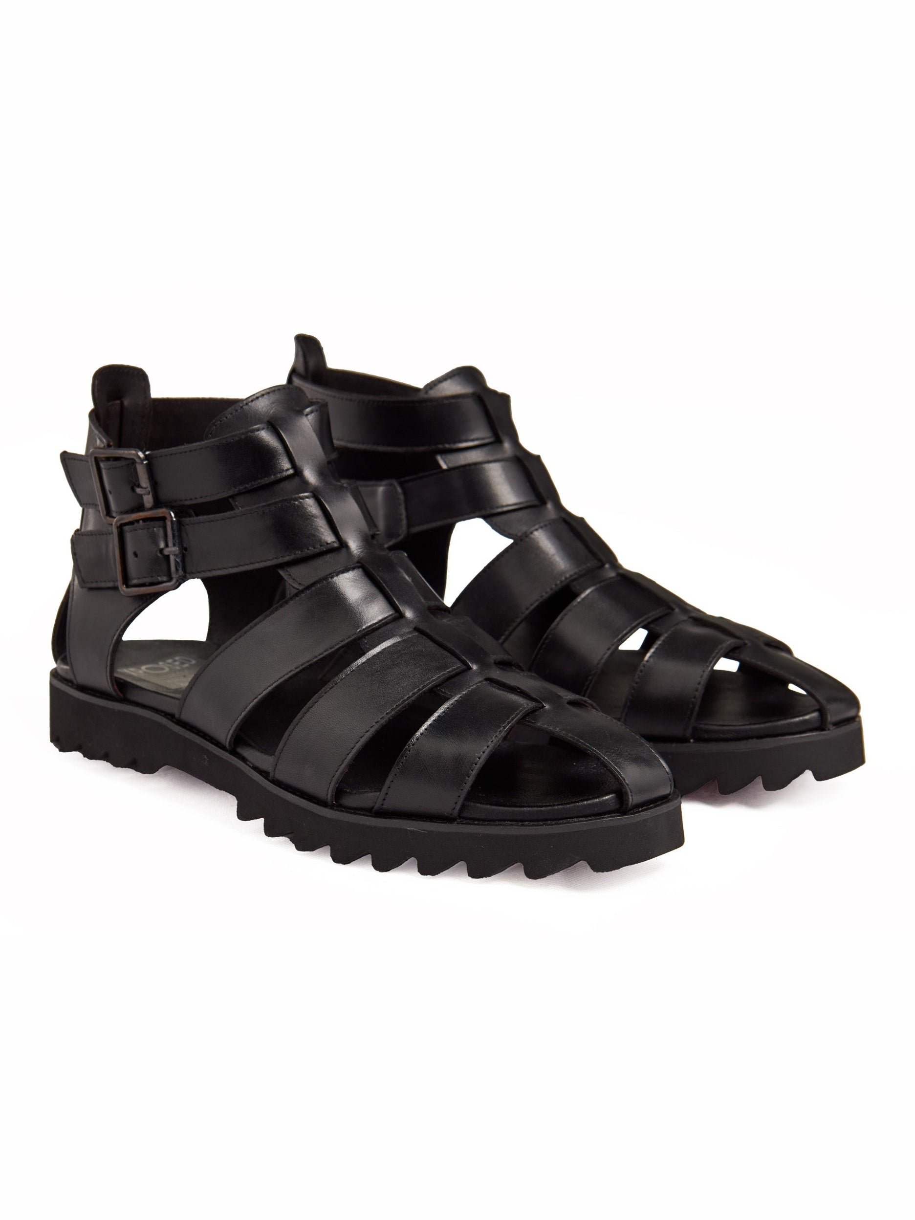 BLACK LEATHER CROSS STRAP SANDALS