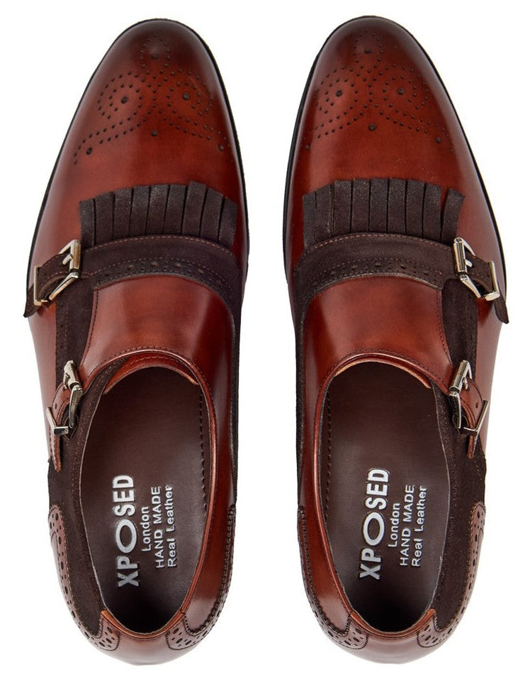 BROWN LEATHER & SUEDE DOUBLE MONK SHOES