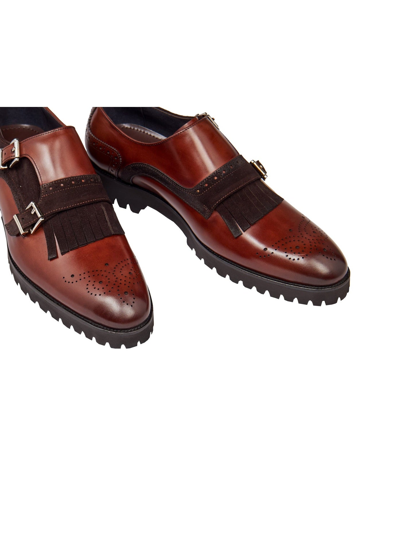 BROWN LEATHER & SUEDE DOUBLE MONK SHOES