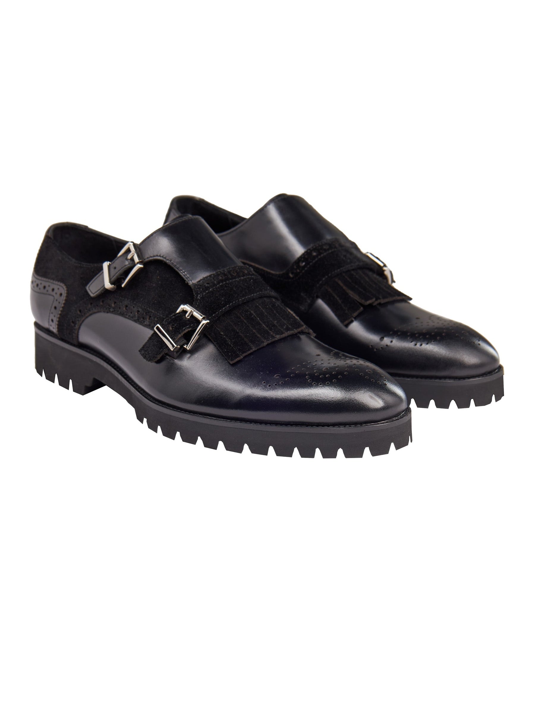 BLACK LEATHER & SUEDE DOUBLE MONK SHOES