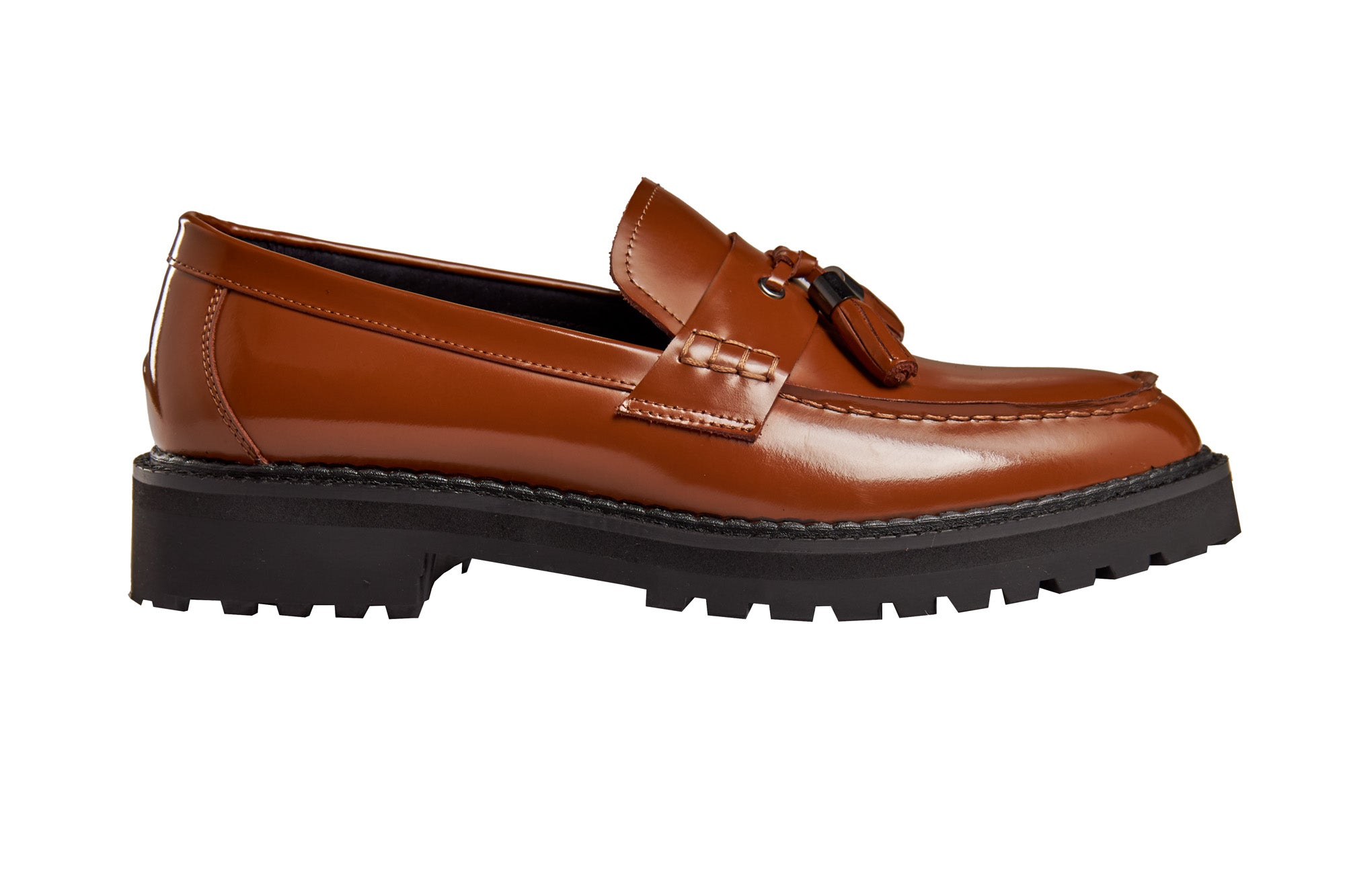 TAN PATENT LEATHER TASSEL LOAFERS