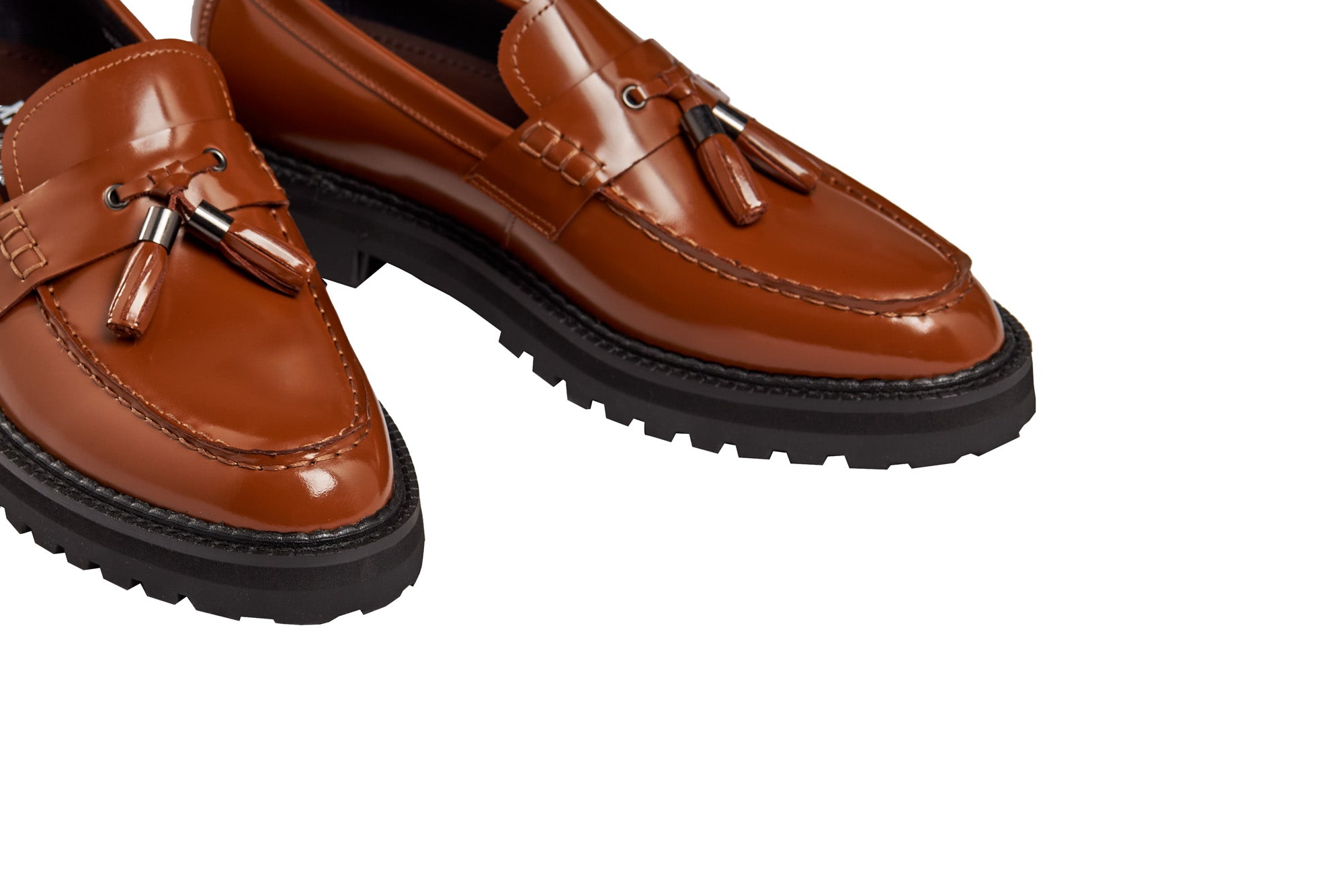 TAN PATENT LEATHER TASSEL LOAFERS