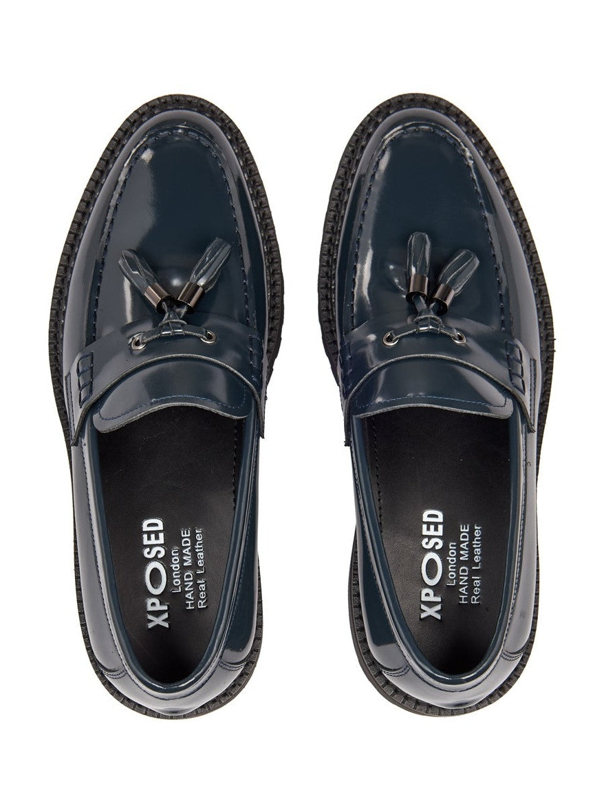 BLUE PATENT LEATHER TASSEL LOAFERS