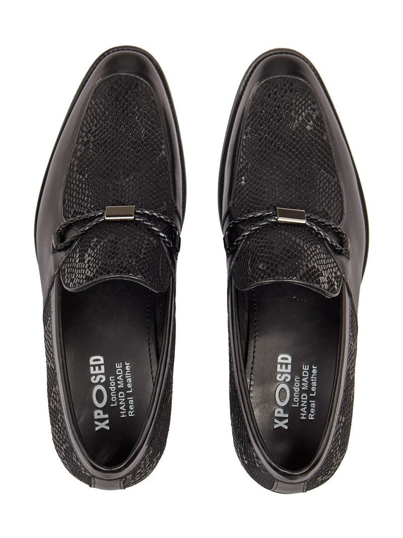 BLACK LEATHER PRINTED LOAFERS