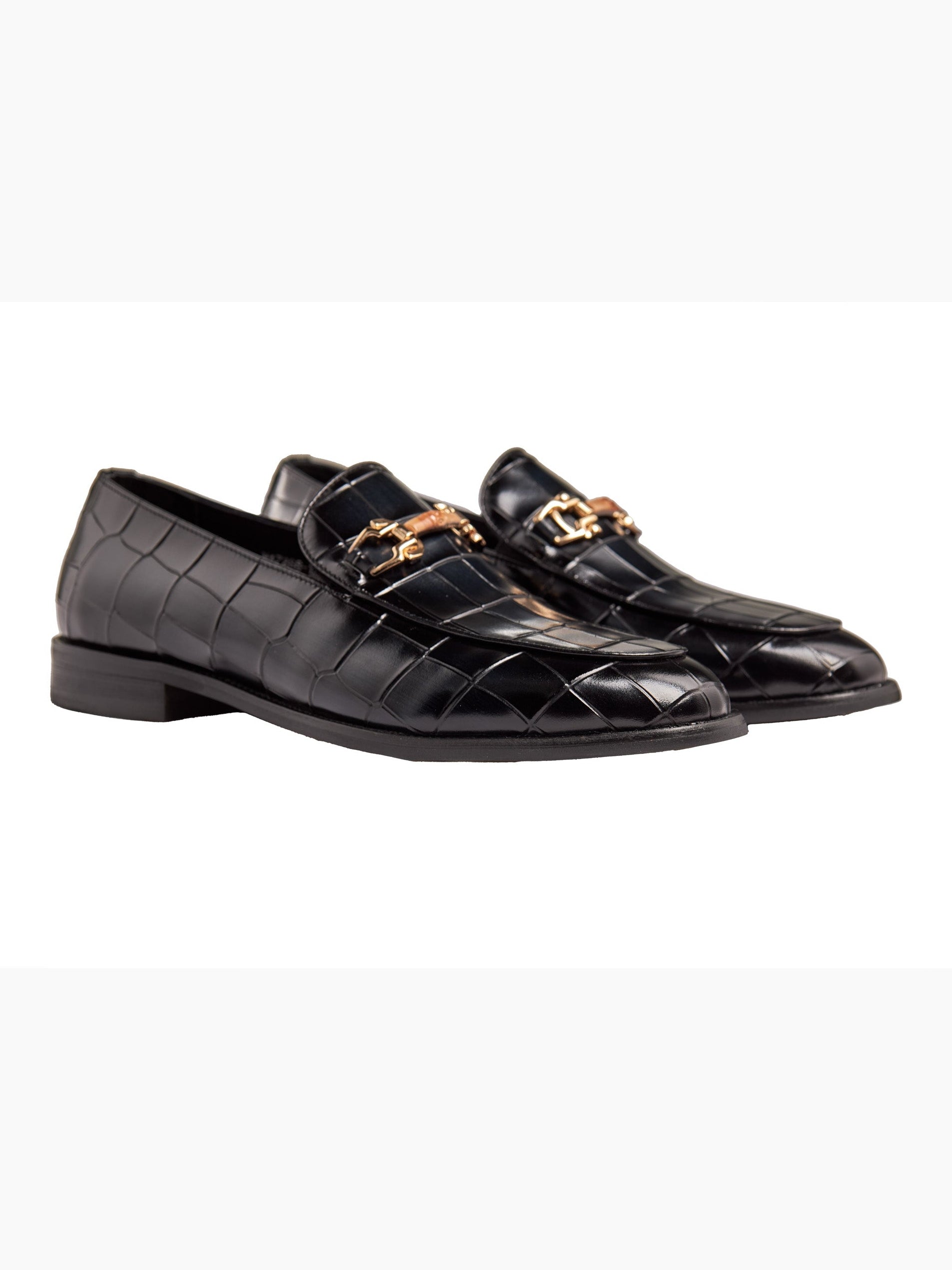 BLACK PRINTED GOLD BUCKLE LOAFERS