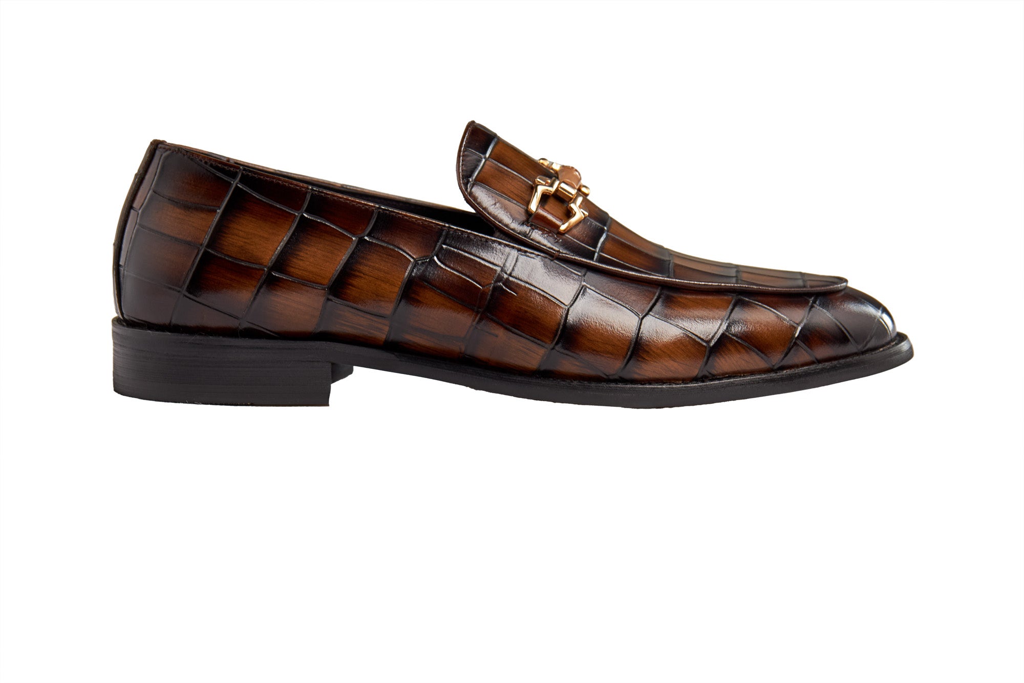 BROWN PRINTED GOLD BUCKLE LOAFERS
