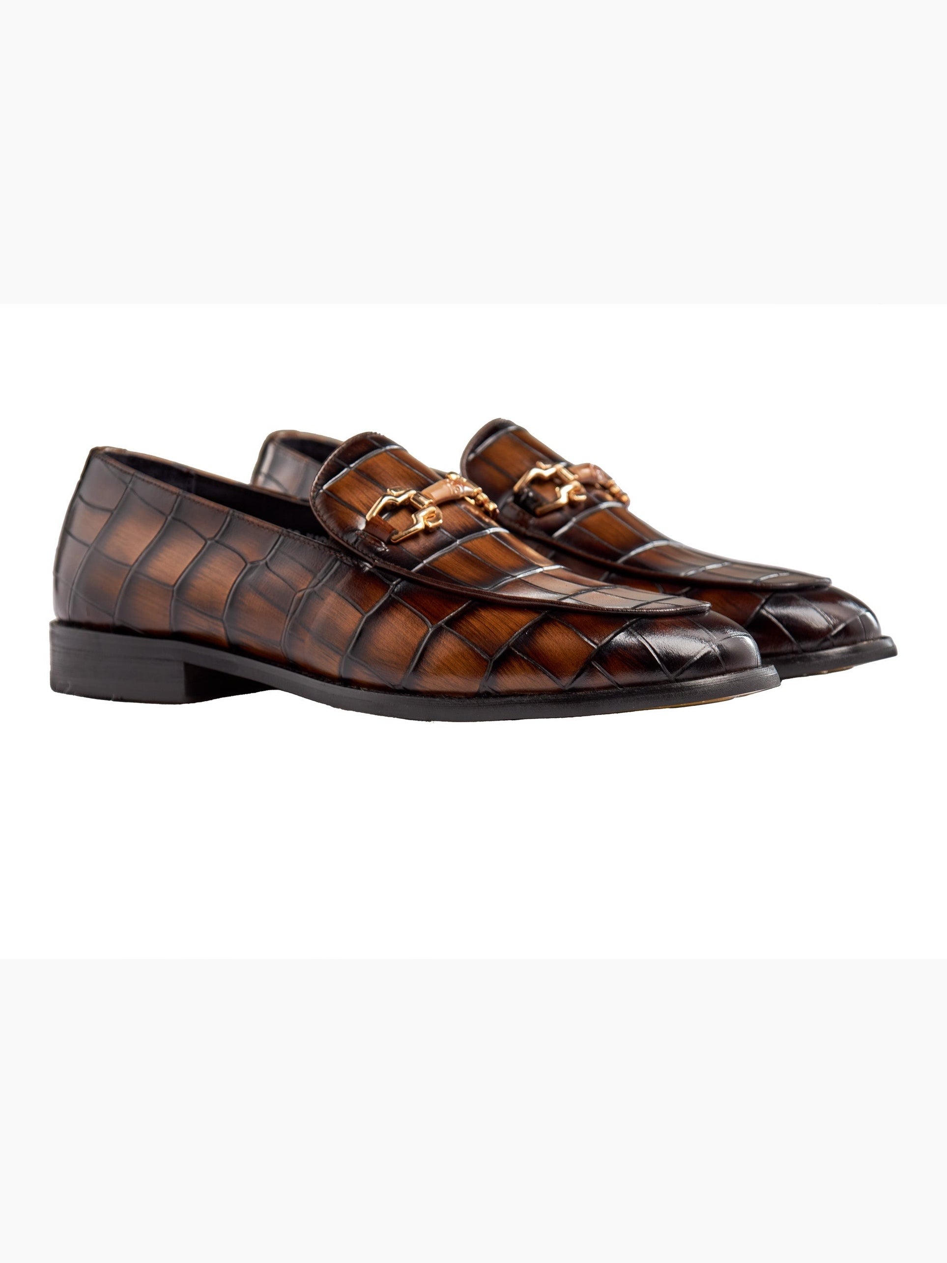 BROWN PRINTED GOLD BUCKLE LOAFERS
