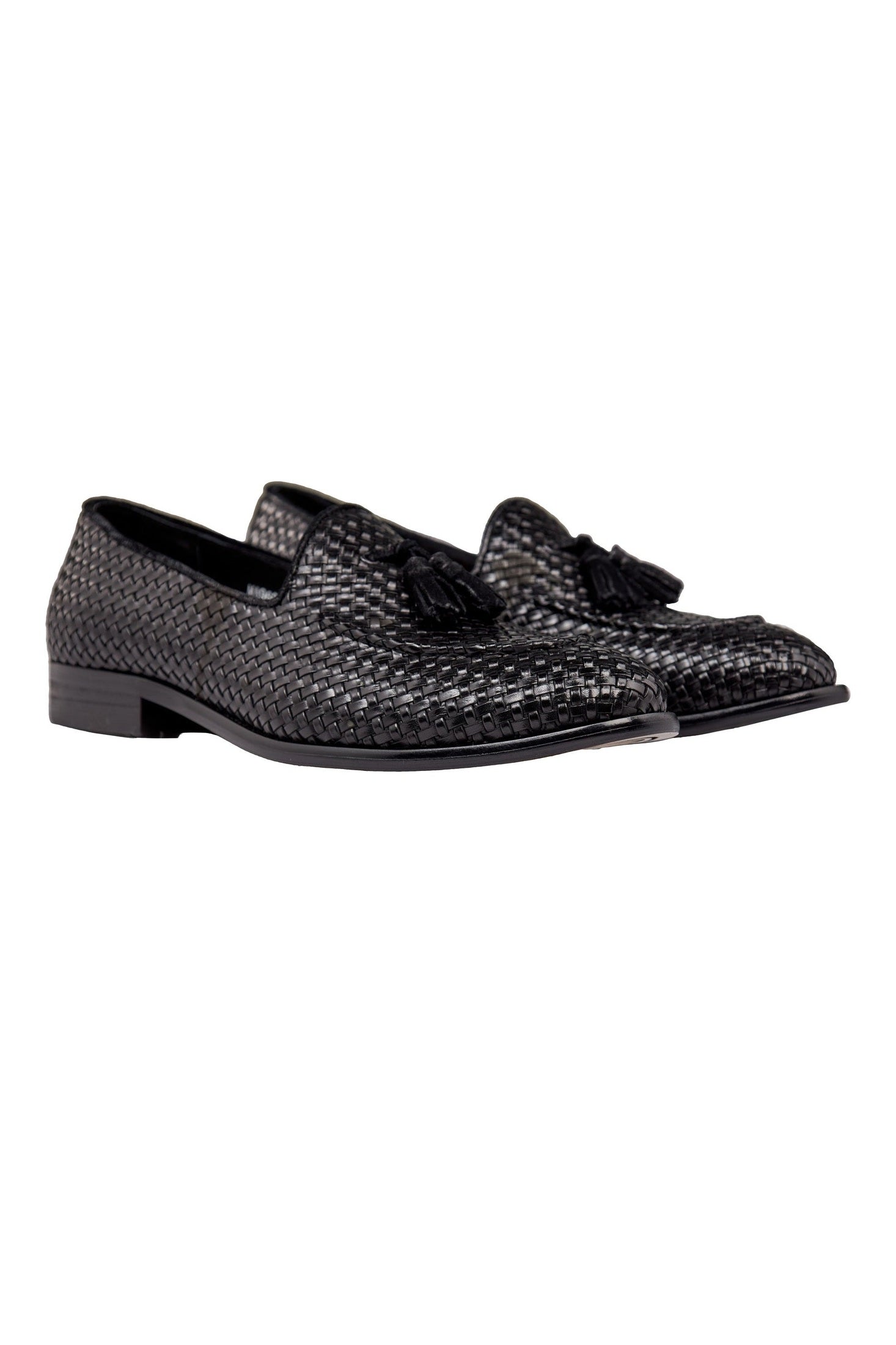 BLACK WOVEN LEATHER TASSEL LOAFER