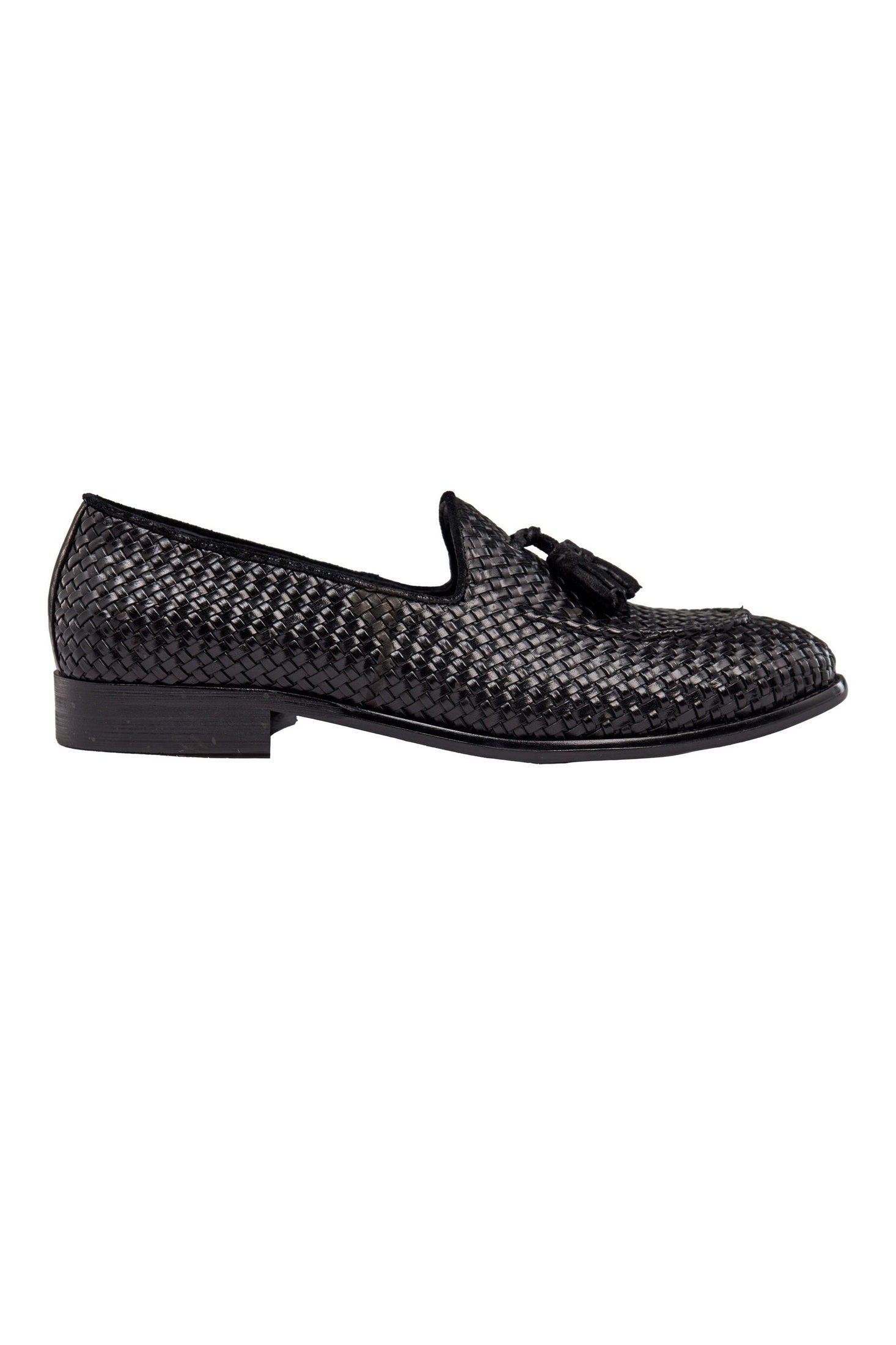 BLACK WOVEN LEATHER TASSEL LOAFER